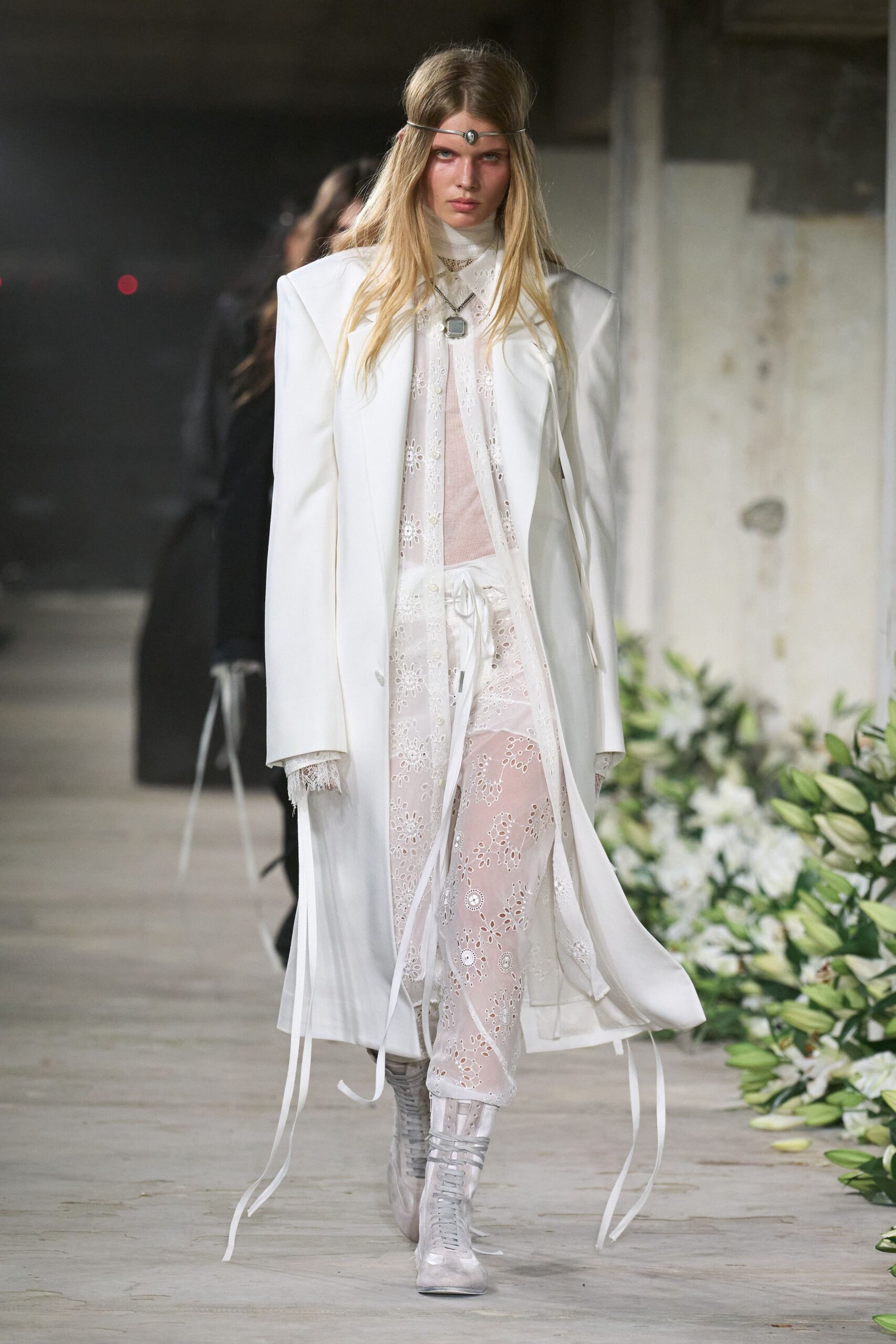 white coat with lace dress