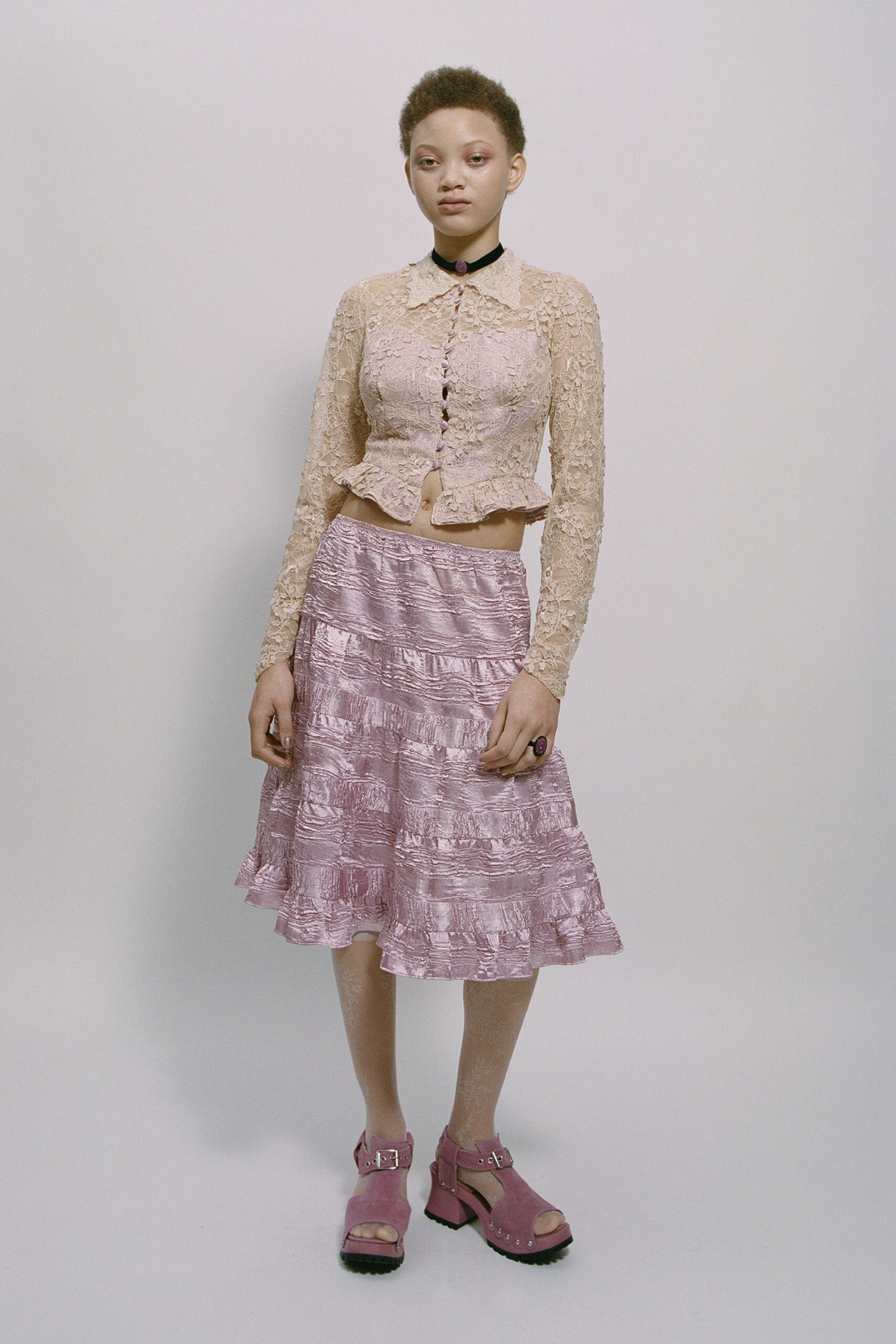 beige lace long-sleeve collared fitted buttoned embroidered blouse