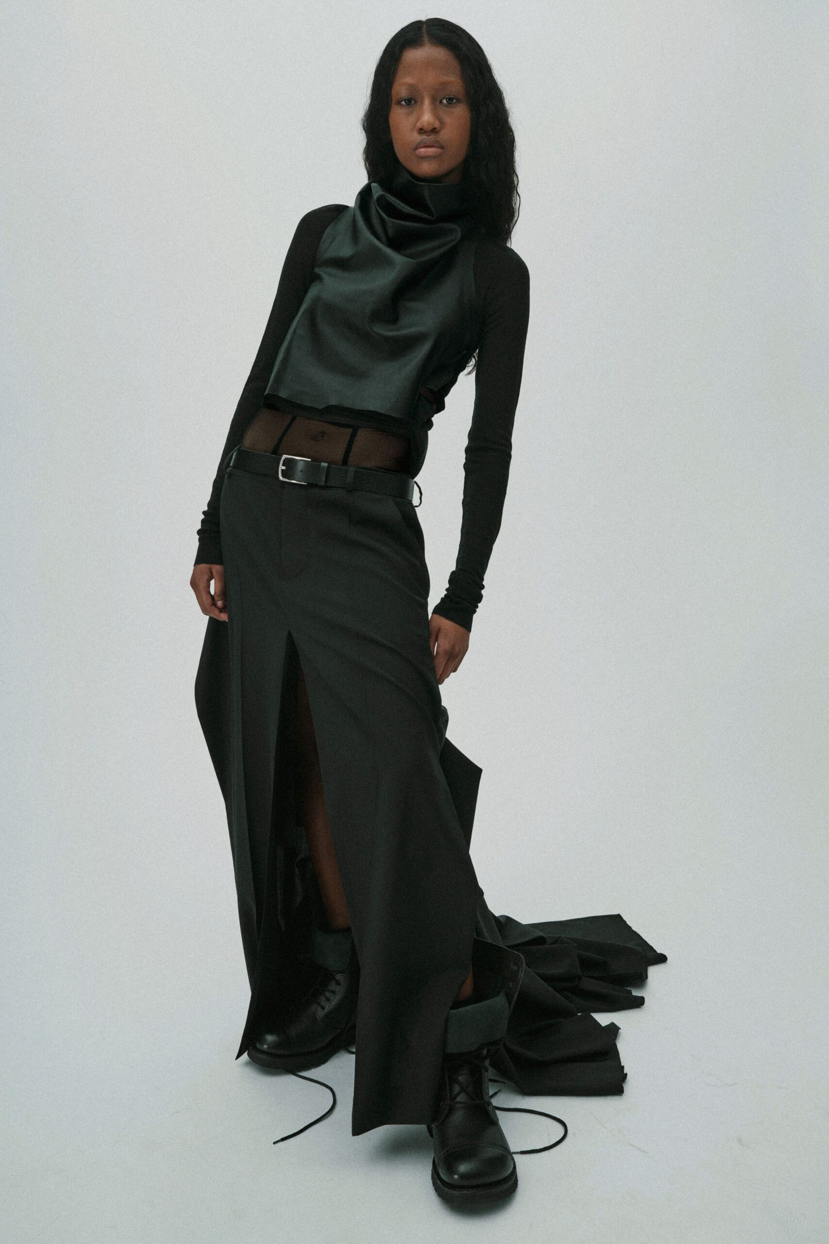 black silk fitted top and skirt
