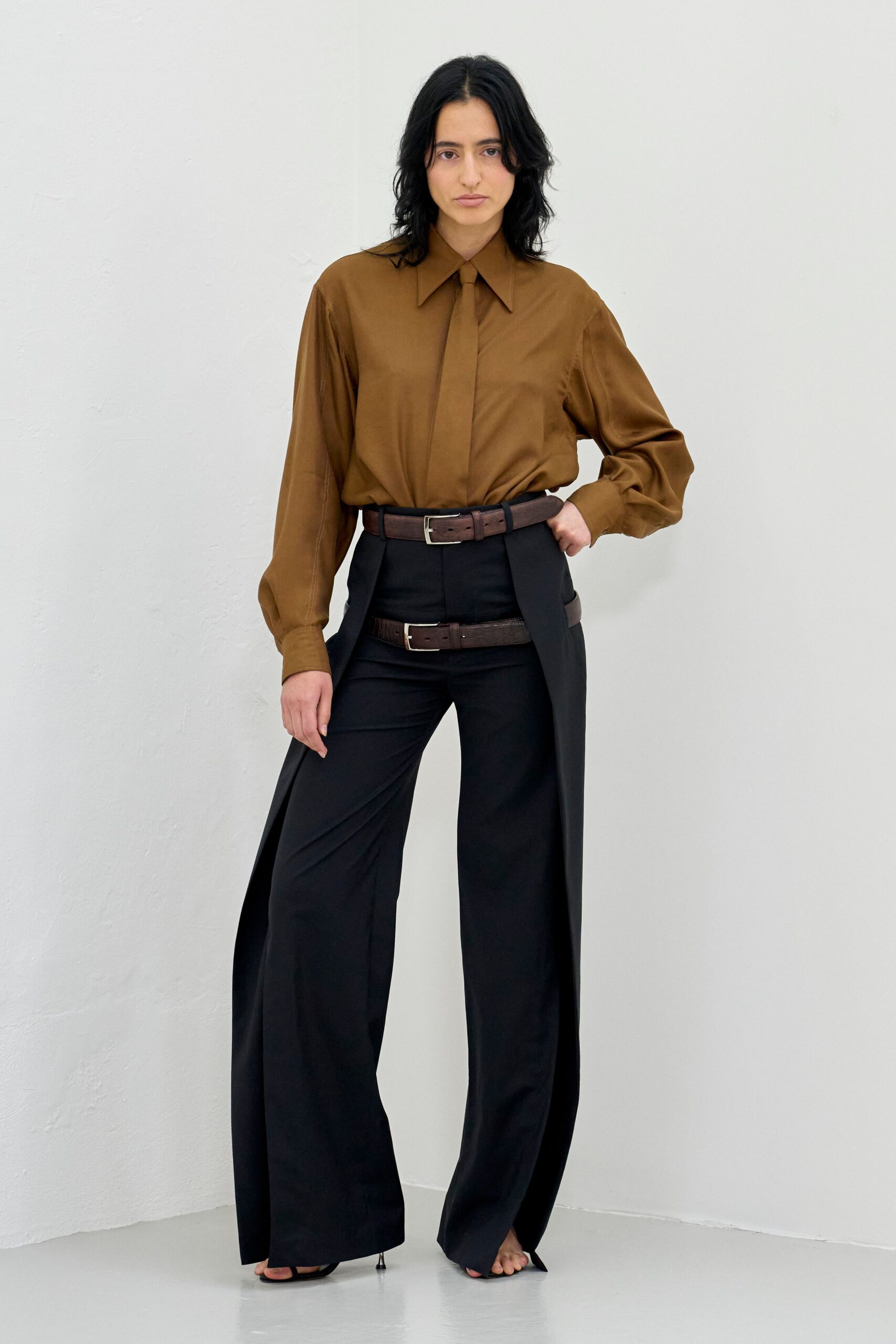 brown silk long-sleeve collared relaxed buttoned blouse