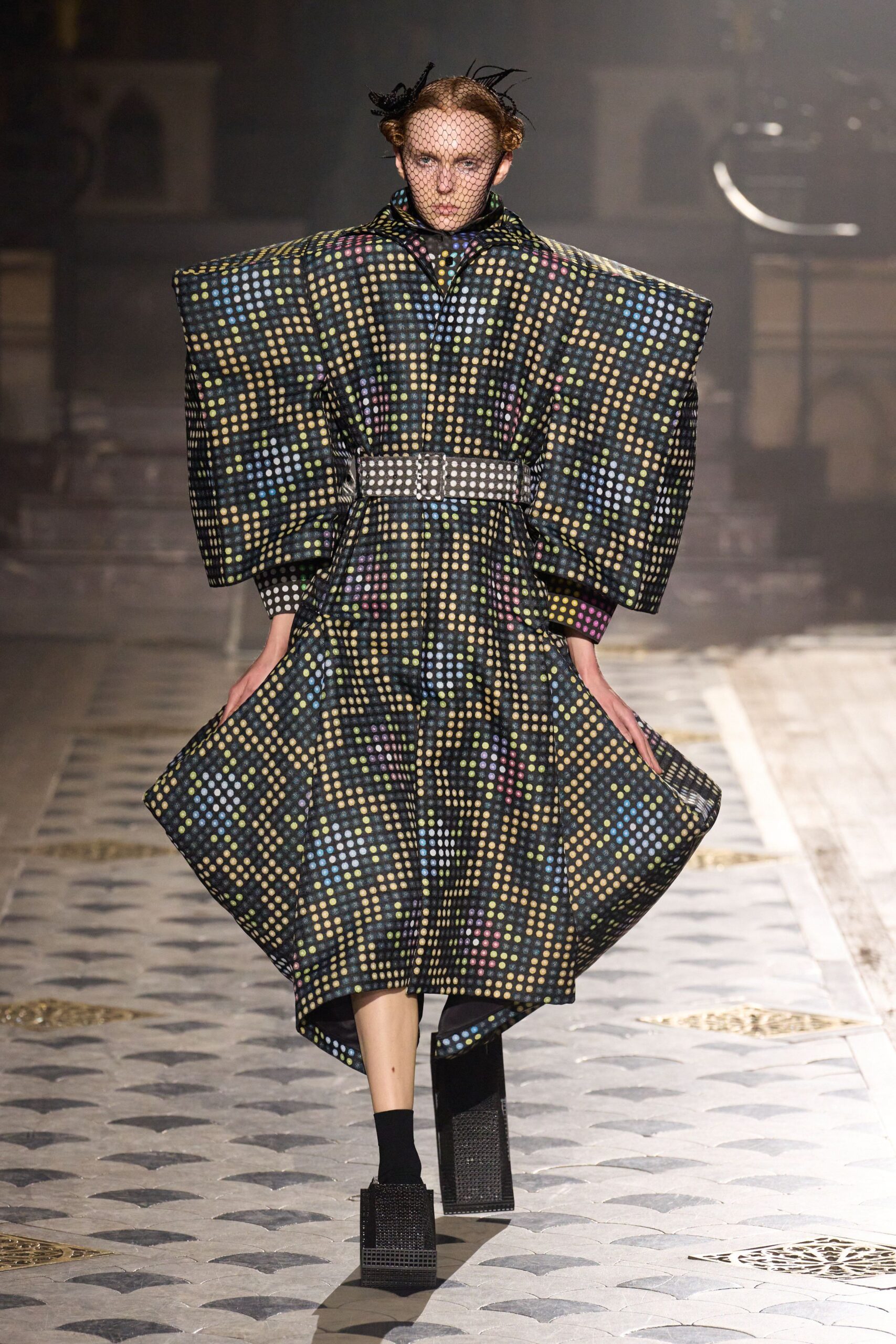 black cotton long-sleeve collared oversized printed midi coat