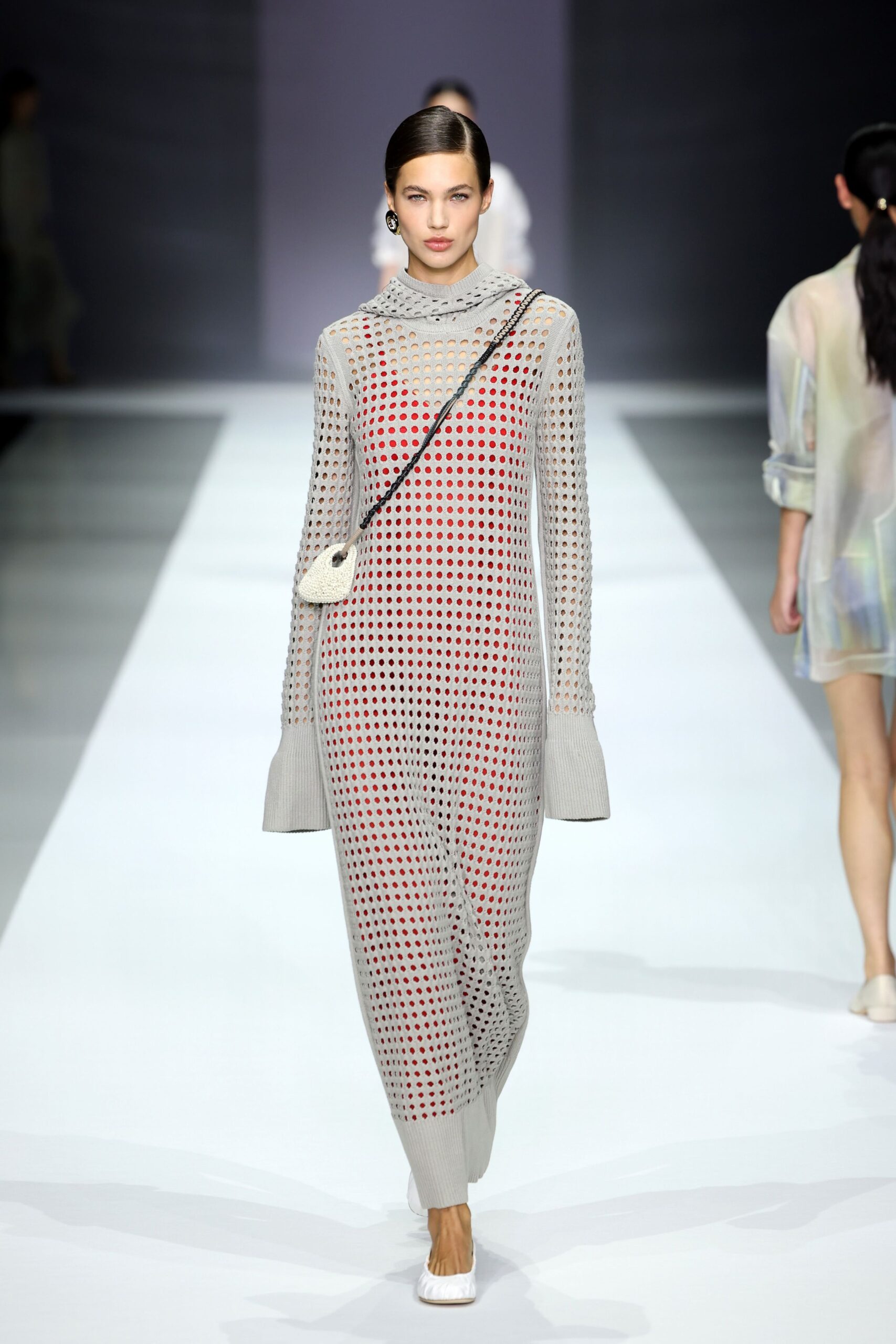 gray knit long-sleeve high-neck relaxed textured maxi dress