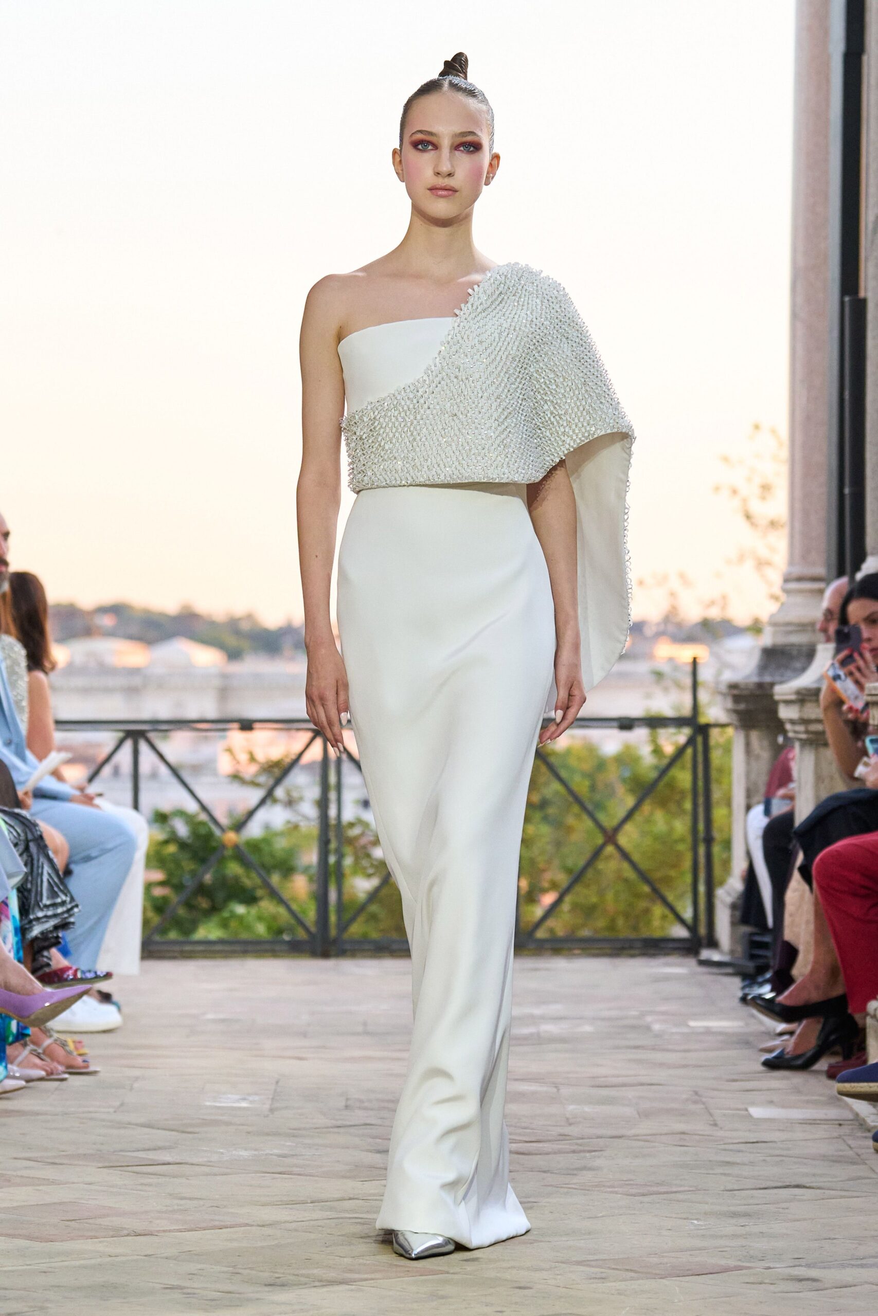 white silk strapless asymmetric fitted beaded maxi gown