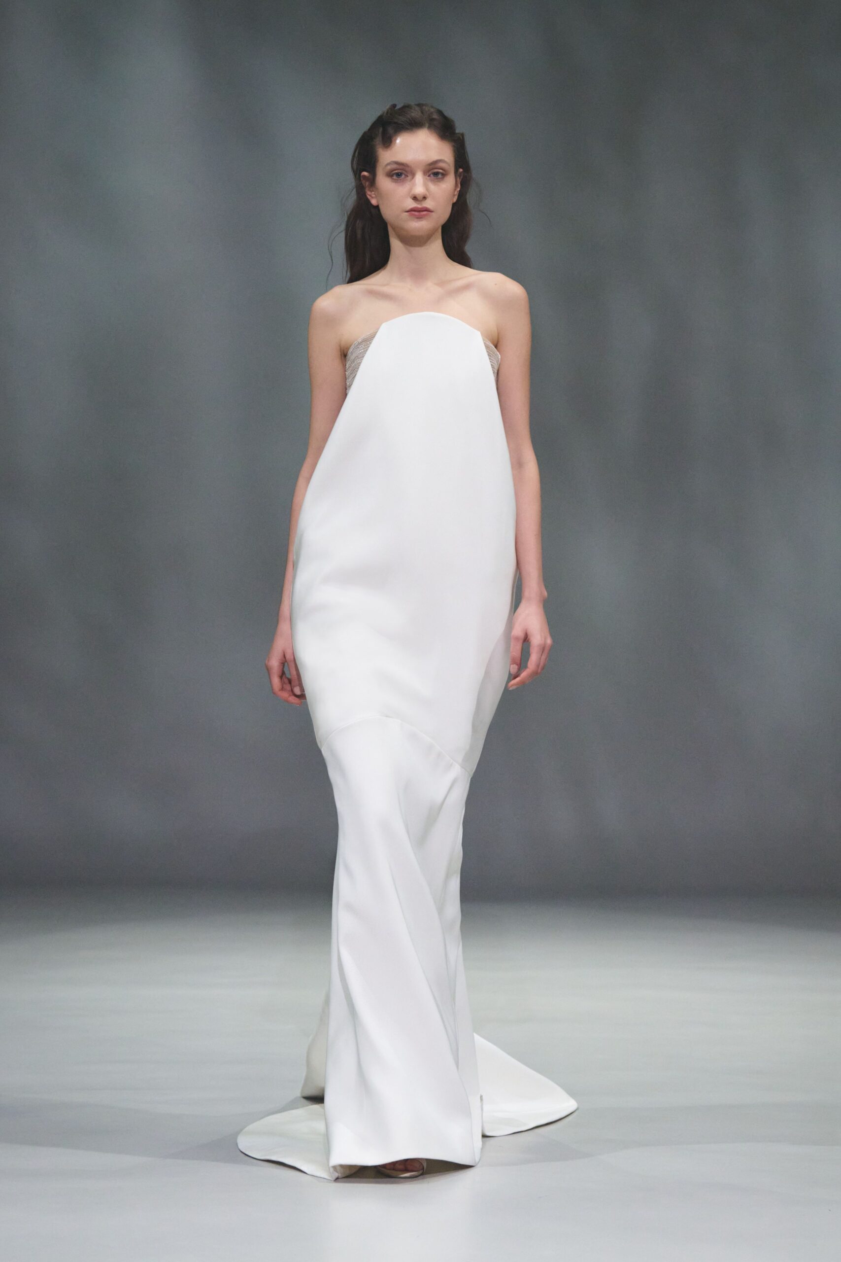 white silk strapless gown