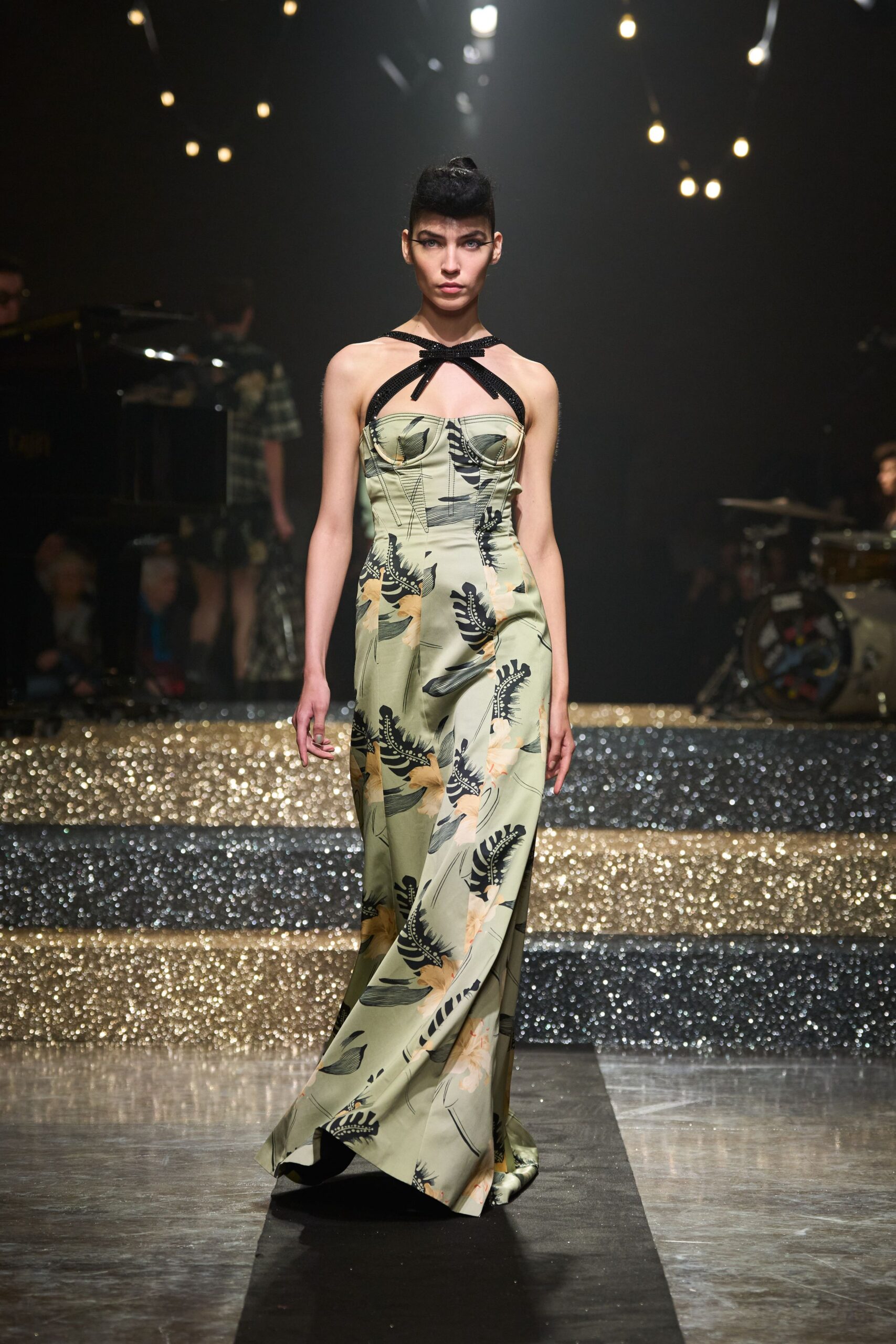 floral green silk halter gown