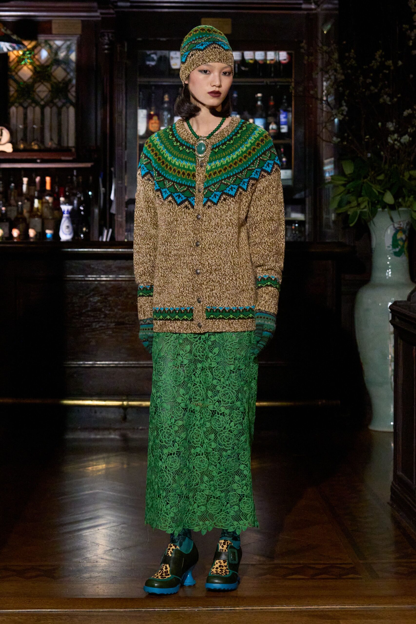 green lace fitted tiered maxi skirt