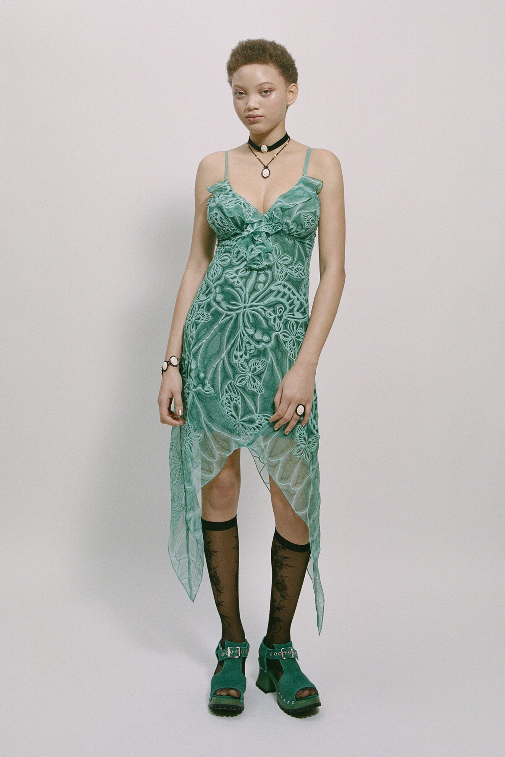 green mesh sleeveless v-neck fitted embroidered layered dress