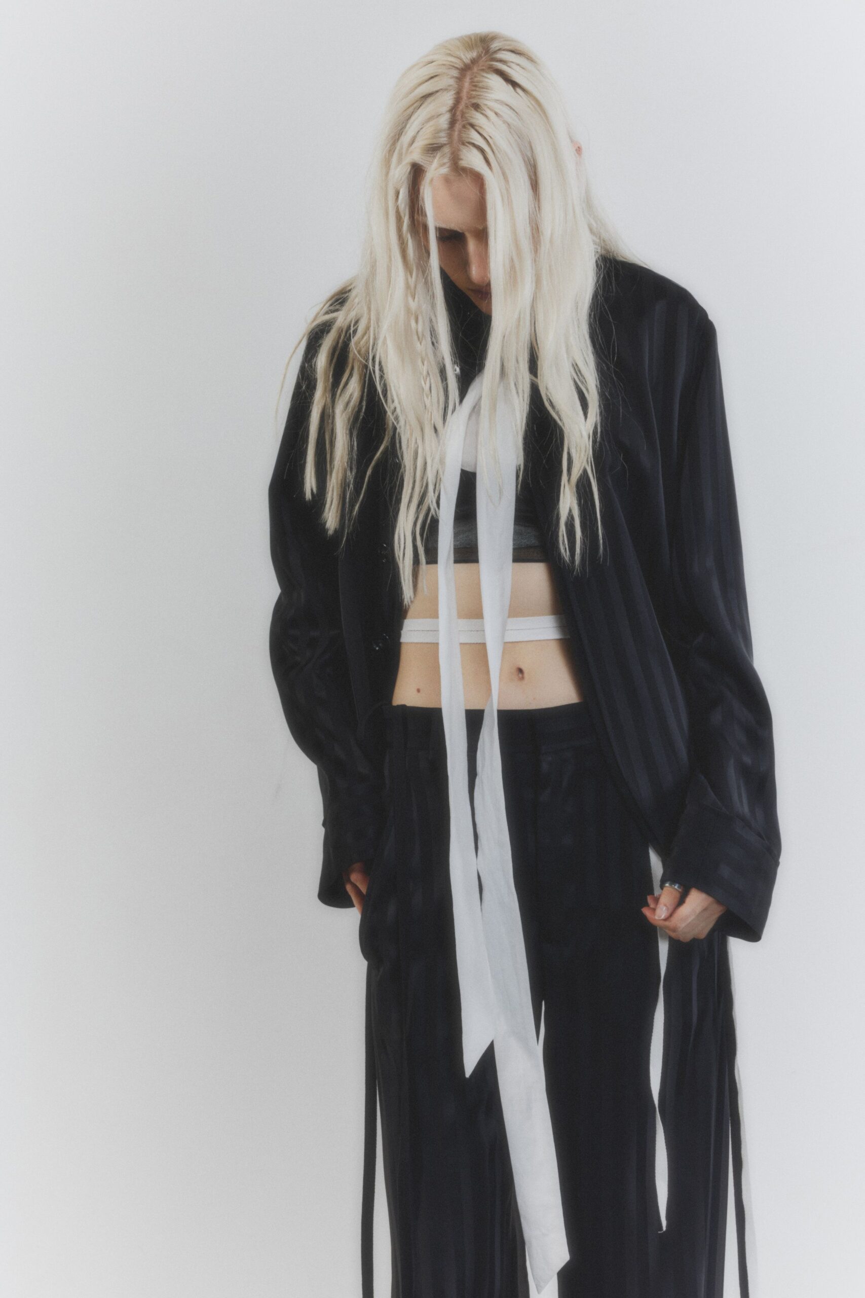 black silk long-sleeve collared oversized longline draped jacket