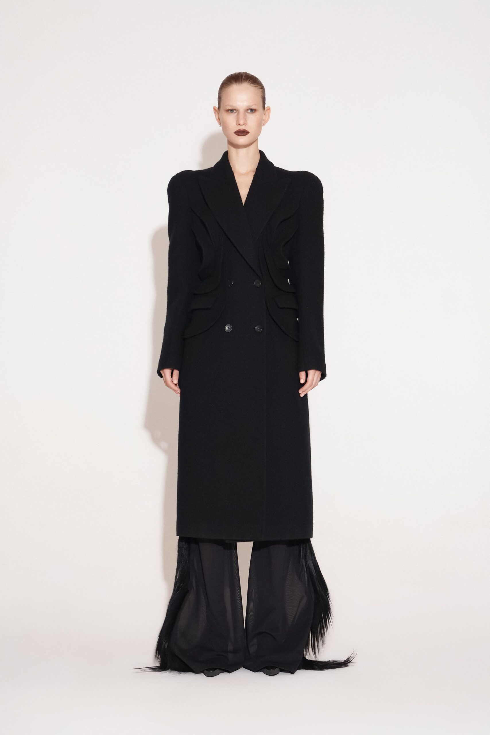 black silk long-sleeve relaxed flared sheer pants
