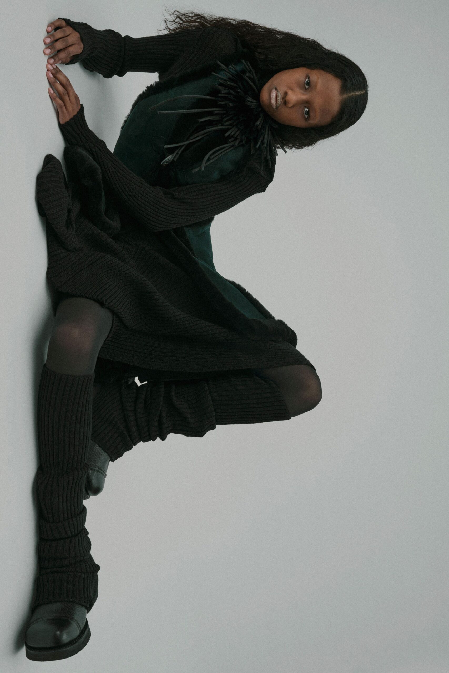 black wool sleeveless high-neck fitted layered midi dress
