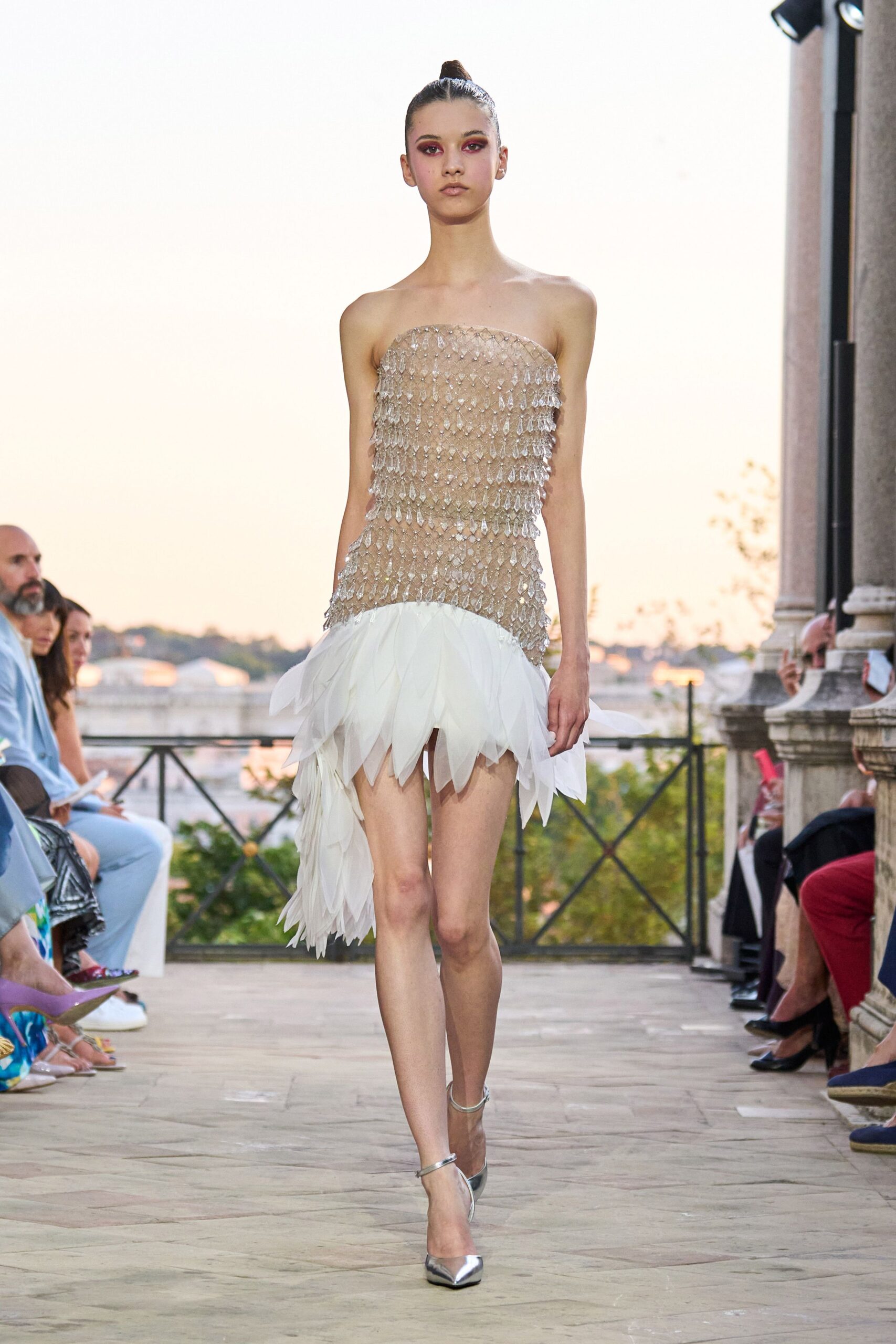 beige silk strapless fitted embellished tiered shiny dress