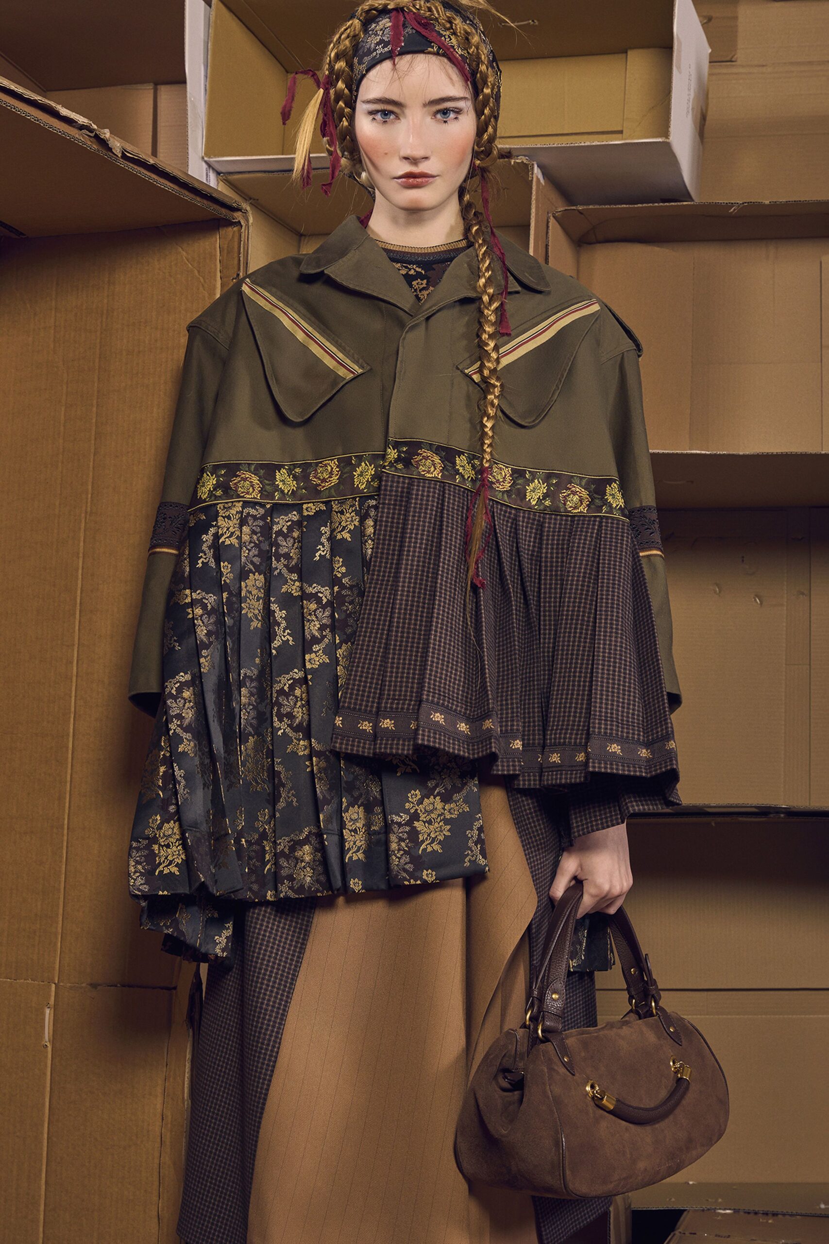 green cotton long-sleeve collared relaxed layered embroidered jacket