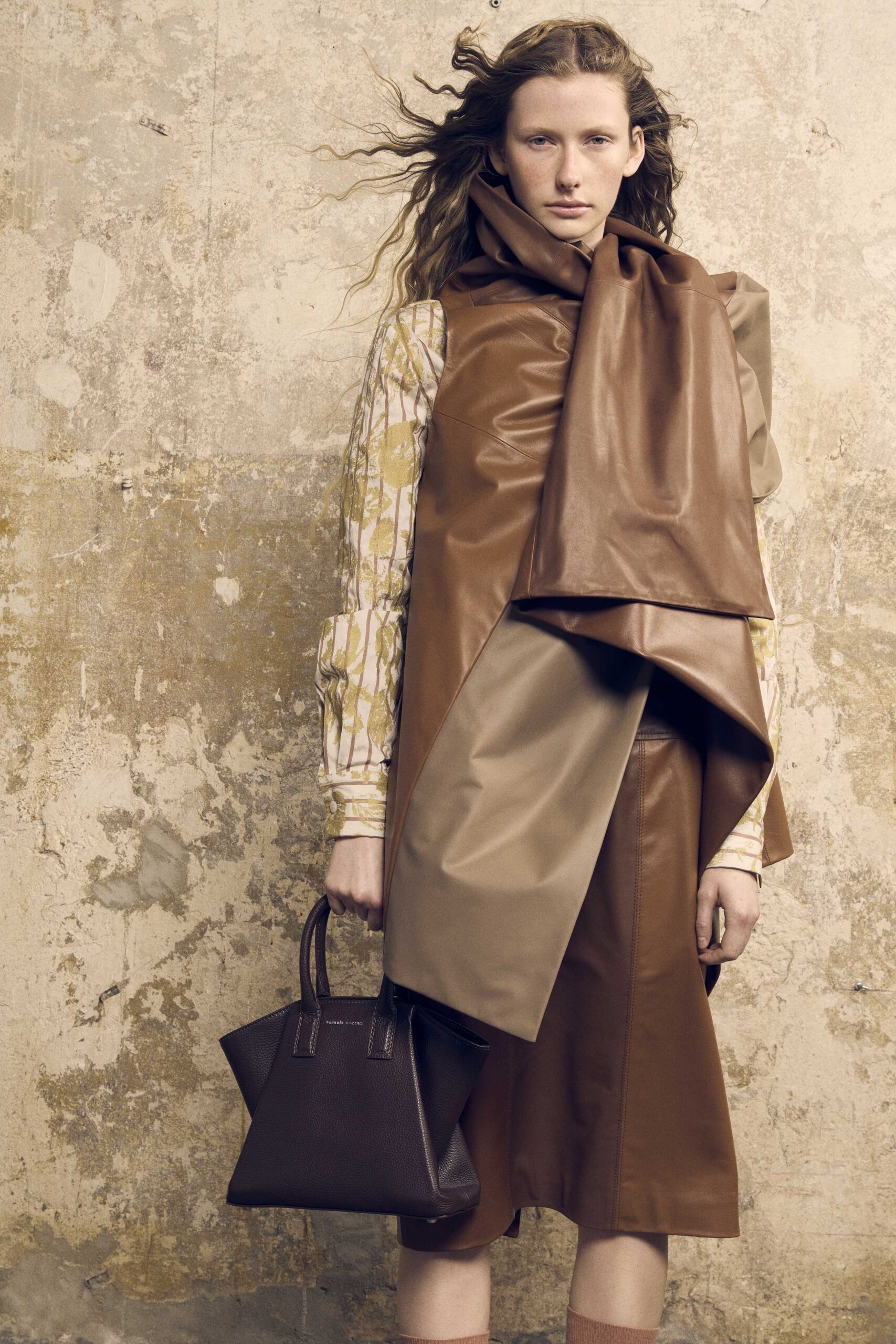 brown leather structured layered draped shiny midi skirt