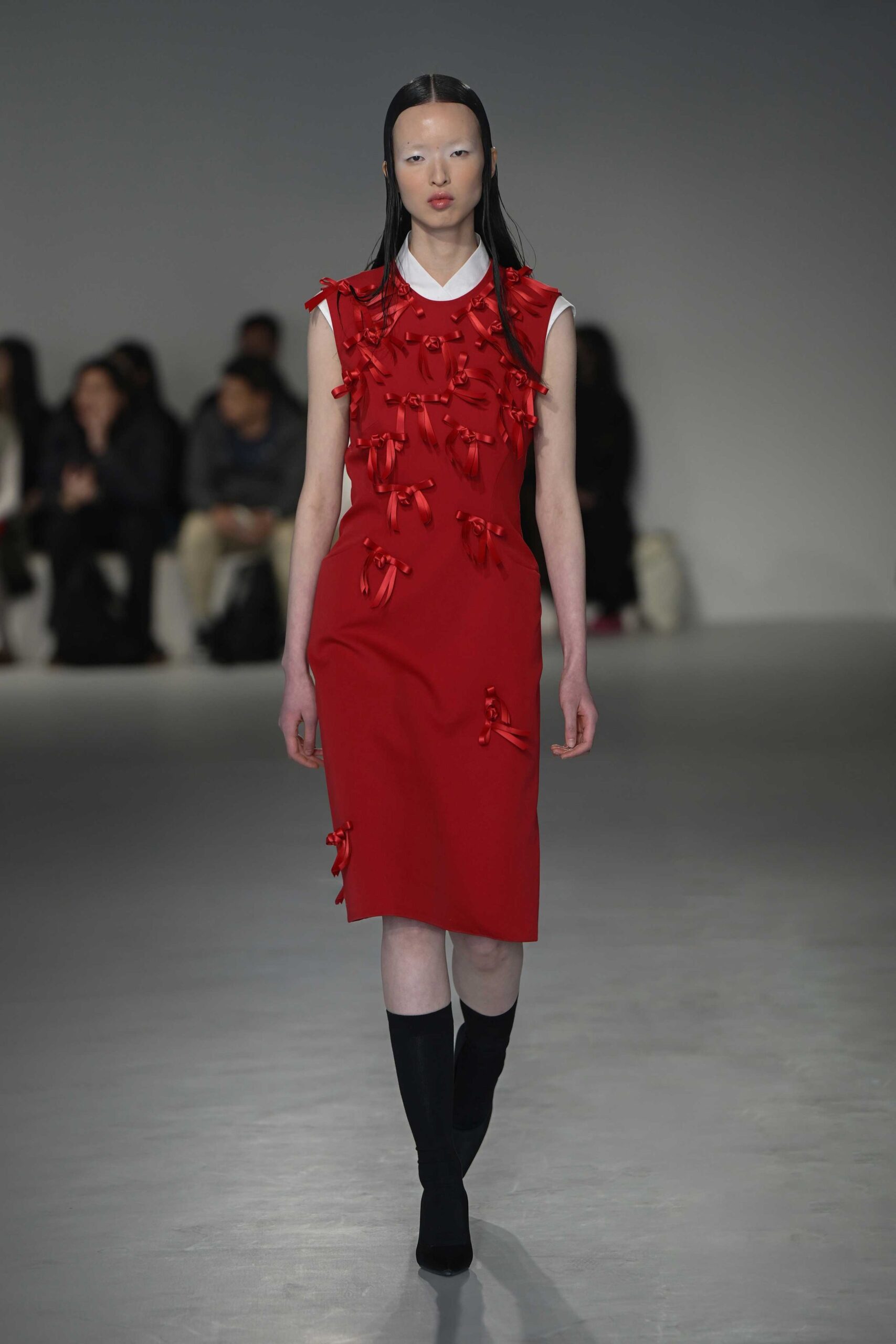 red cotton sleeveless collared fitted ruffled midi dress