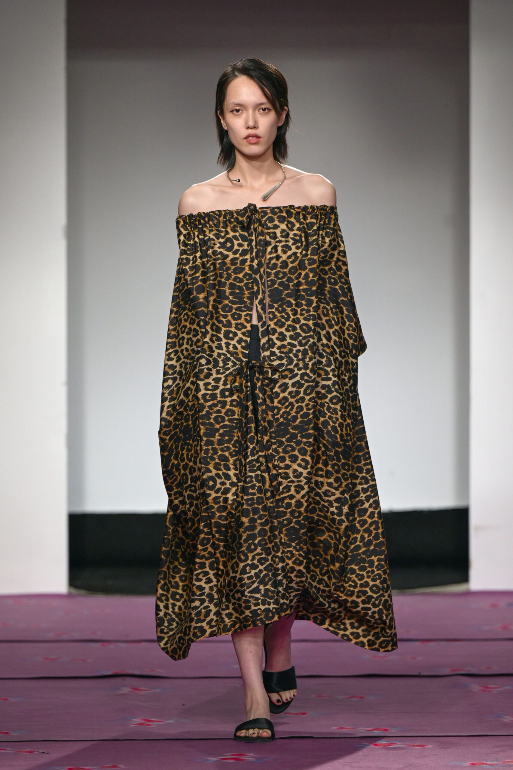 brown silk off-shoulder relaxed animal-print maxi dress