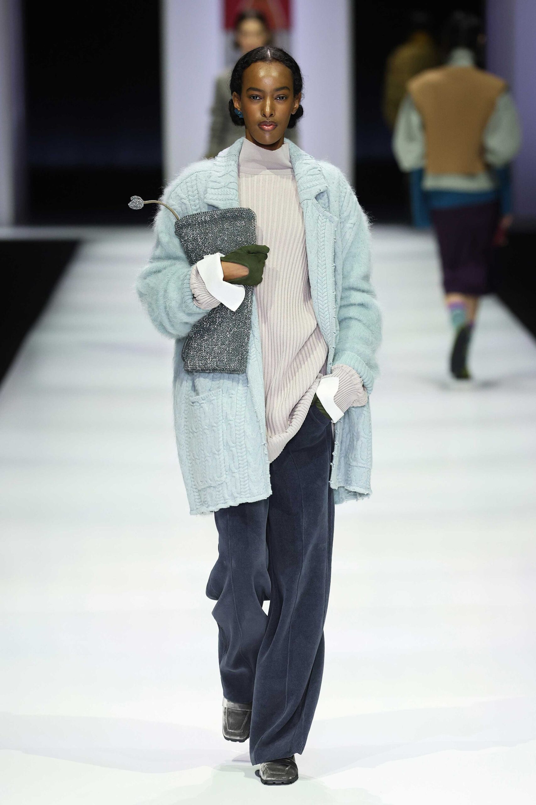 blue cardigan pink top gray pants