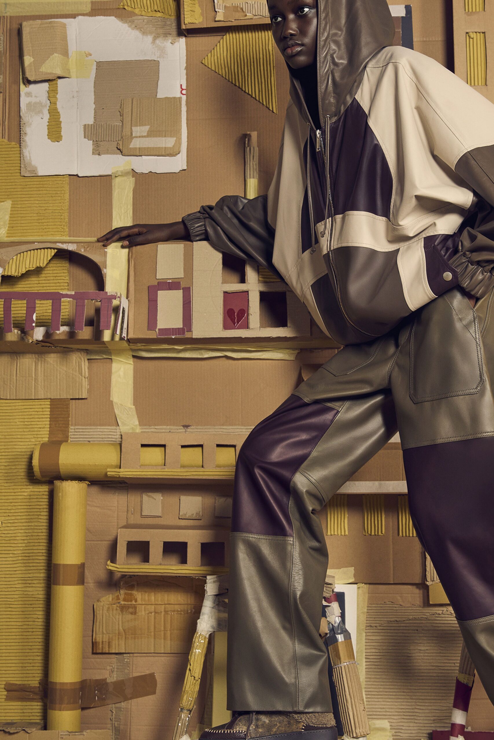 beige and brown color-blocked hoodie