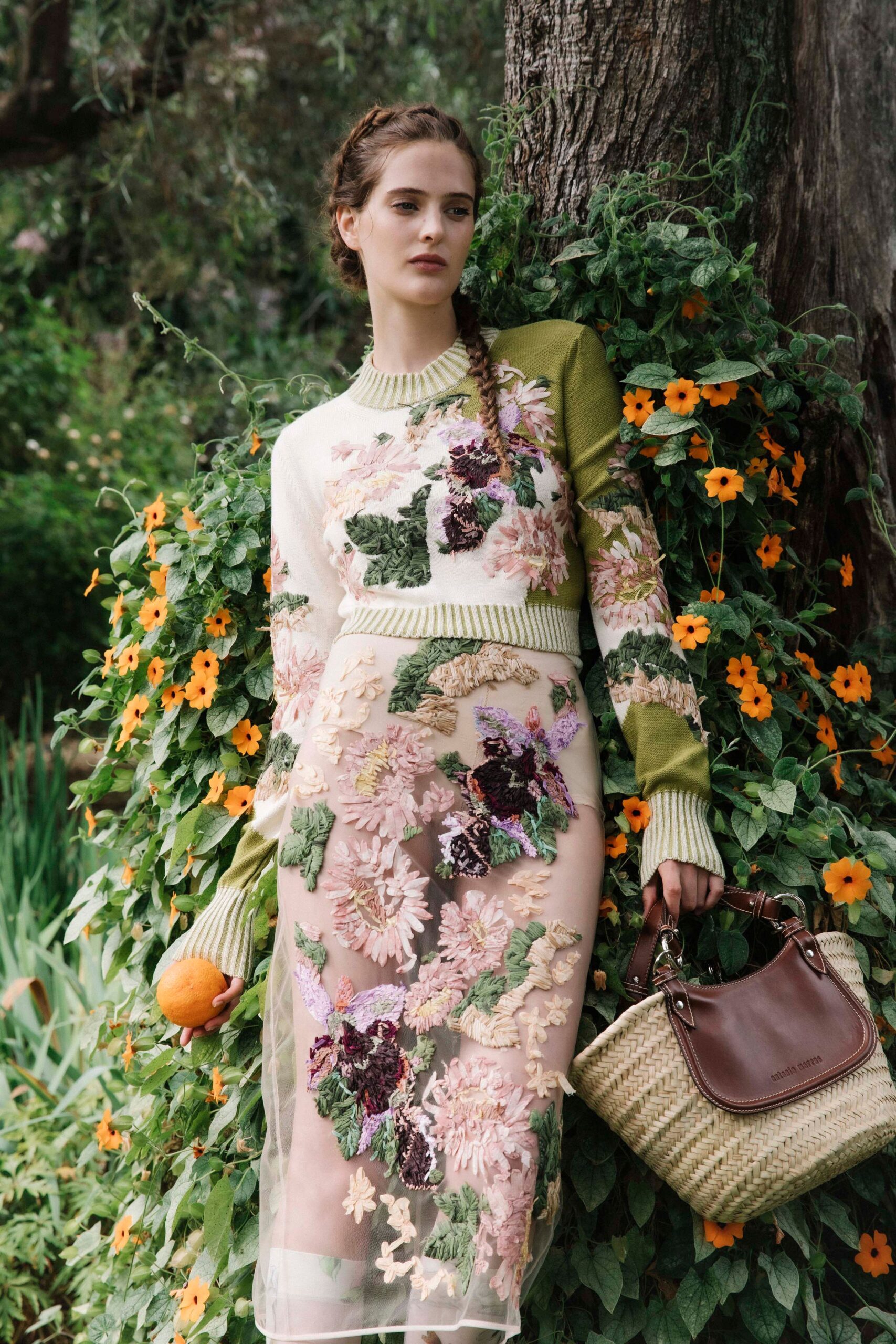 white silk long-sleeve v-neck fitted floral embroidered dress