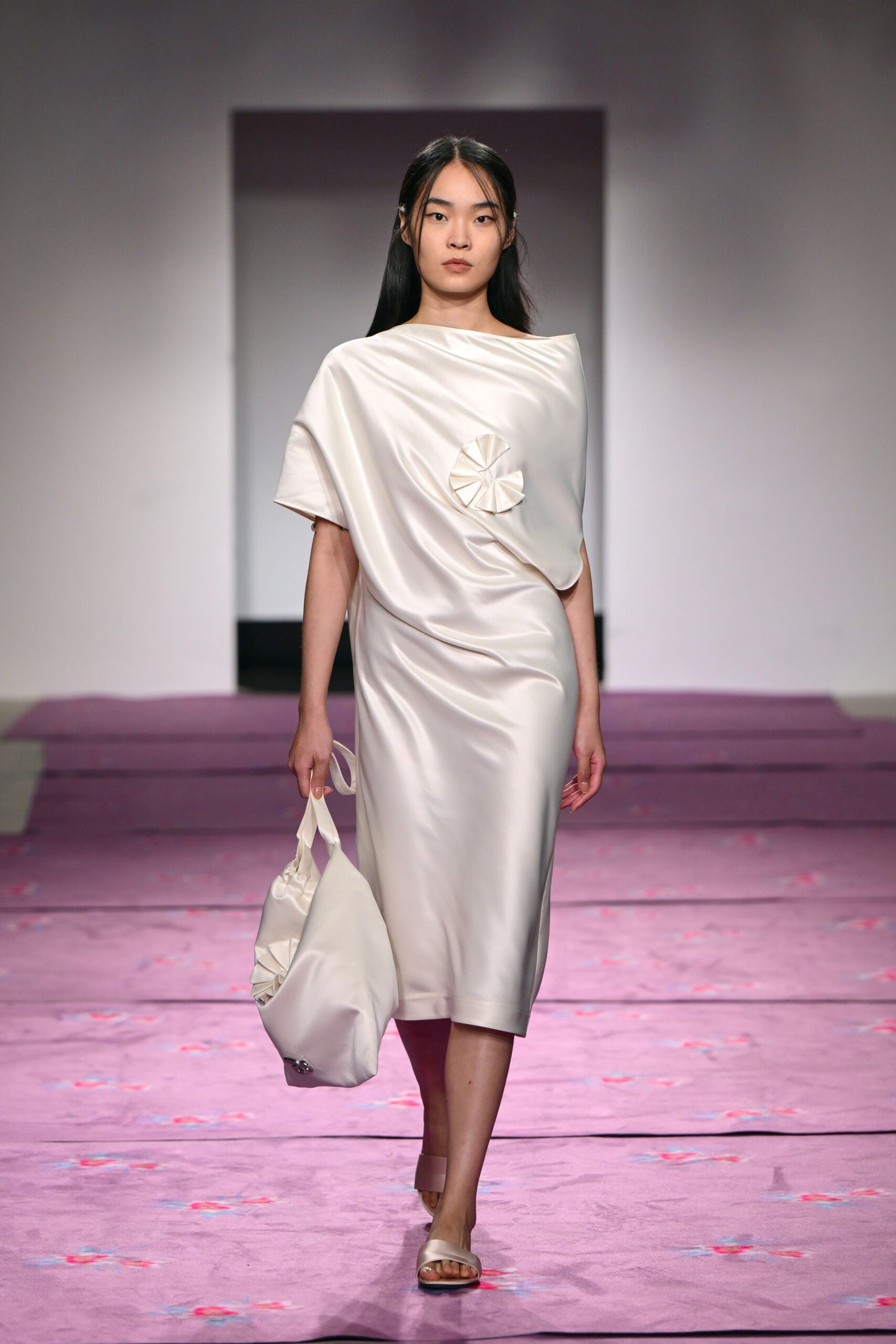 white silk short-sleeve v-neck fitted draped shiny dress