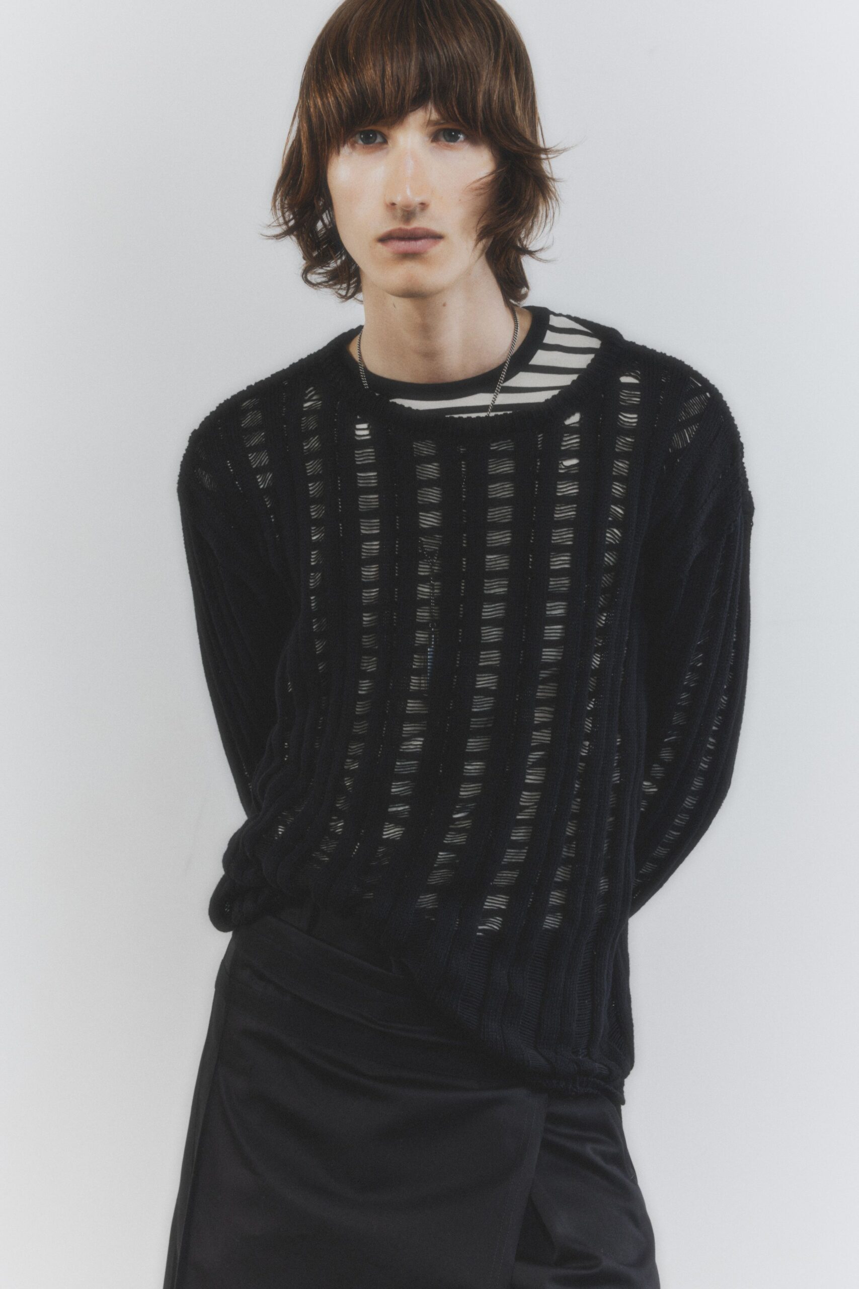 black knit long-sleeve collared relaxed striped sweater