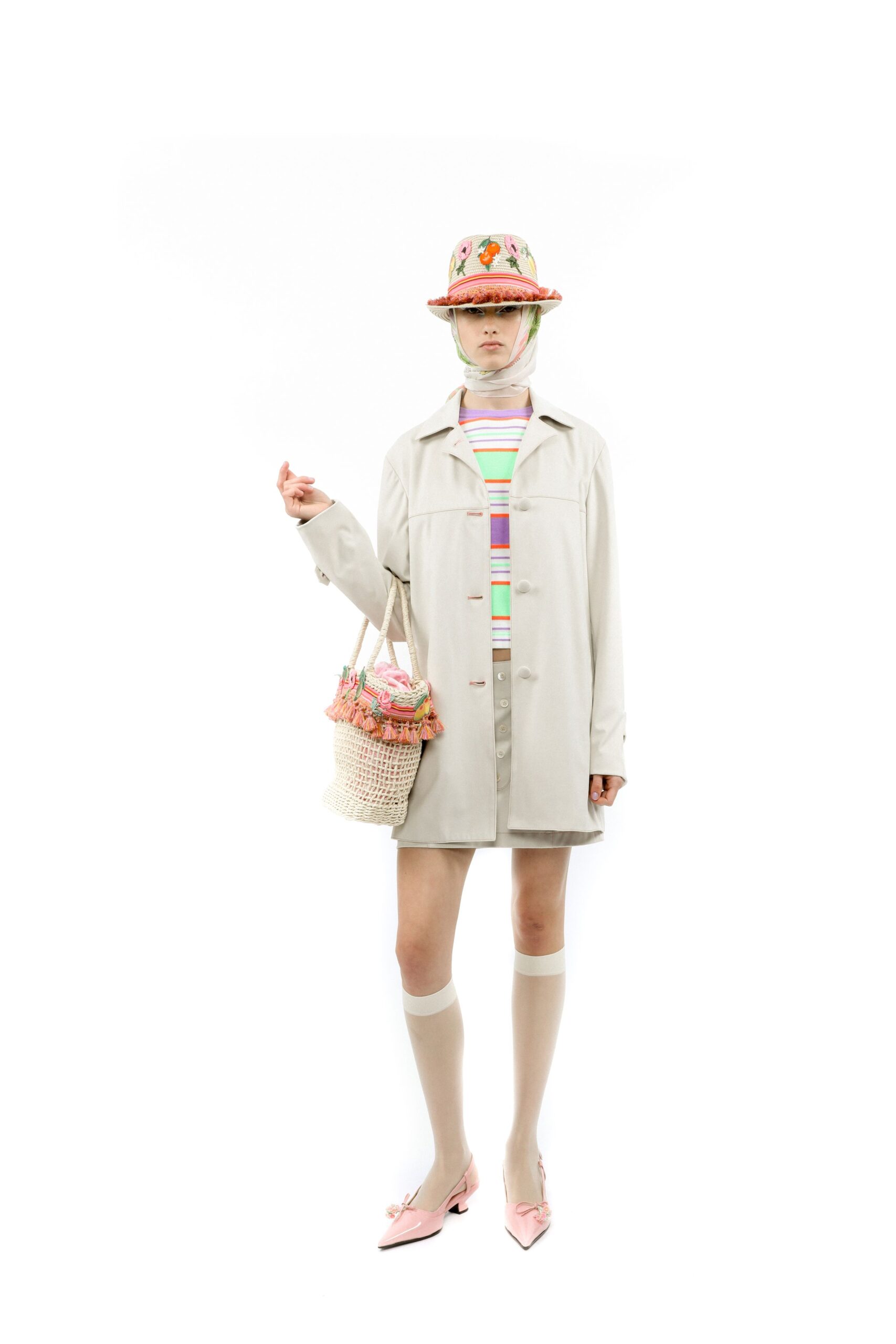 beige coat with multi-striped top