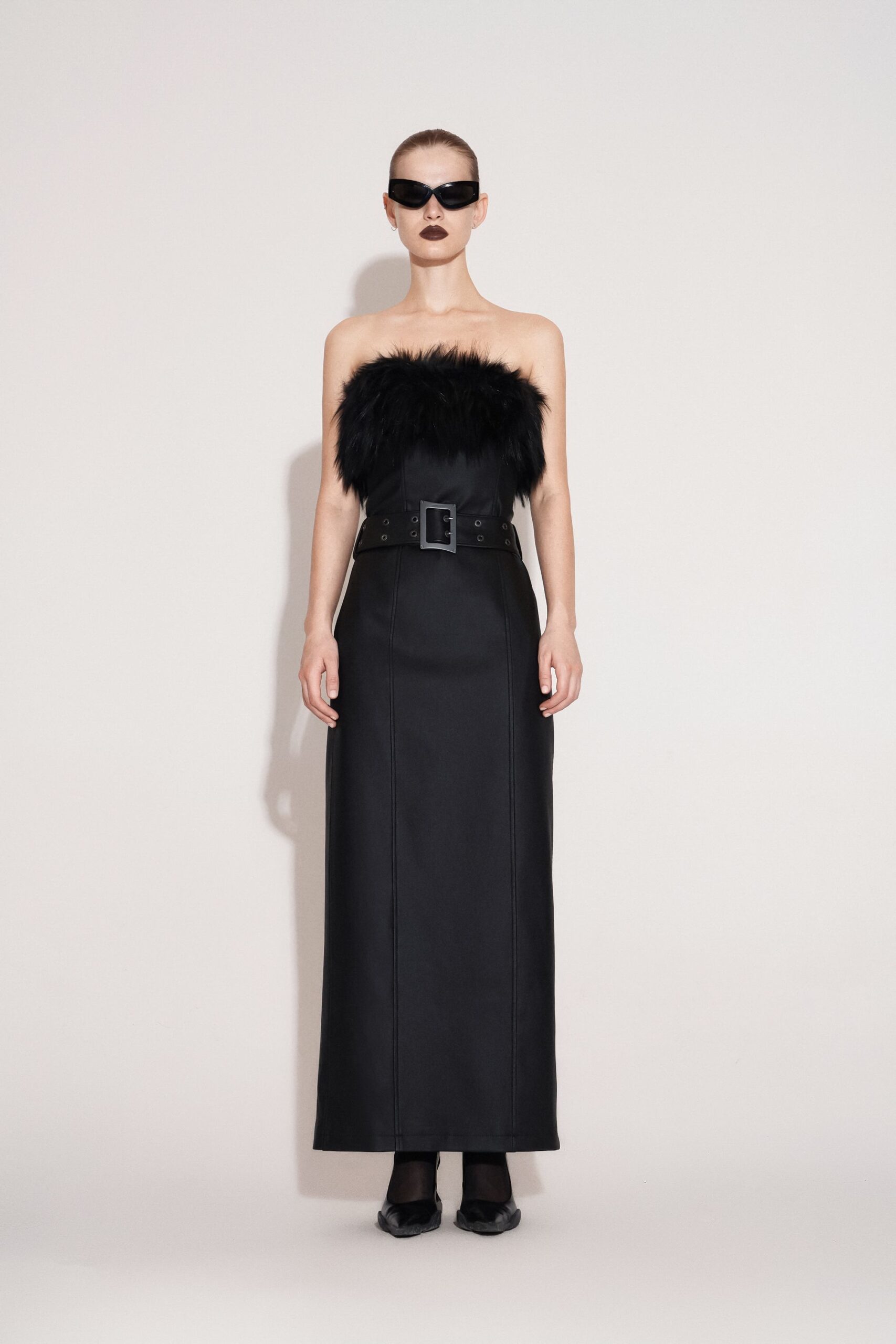black leather strapless fitted belted maxi gown