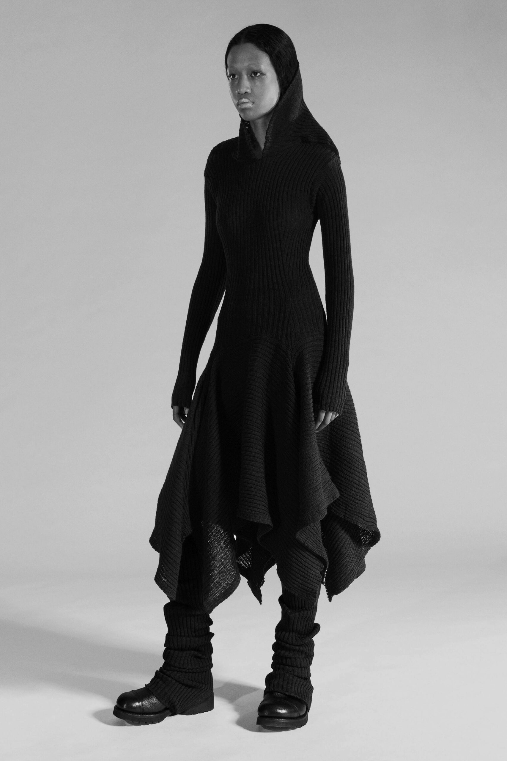 black knit long-sleeve high-neck fitted layered midi dress