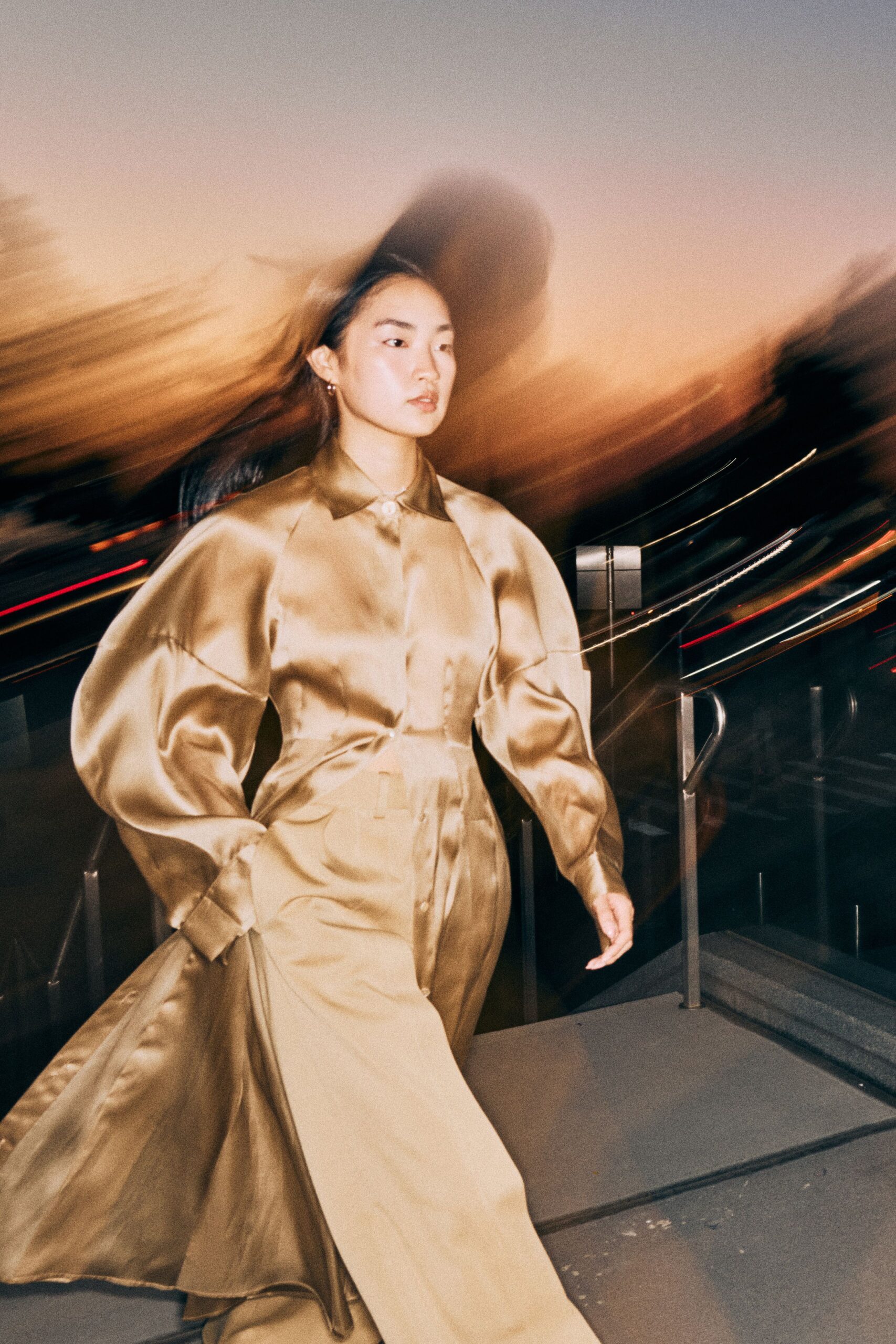 beige silk long-sleeve dress