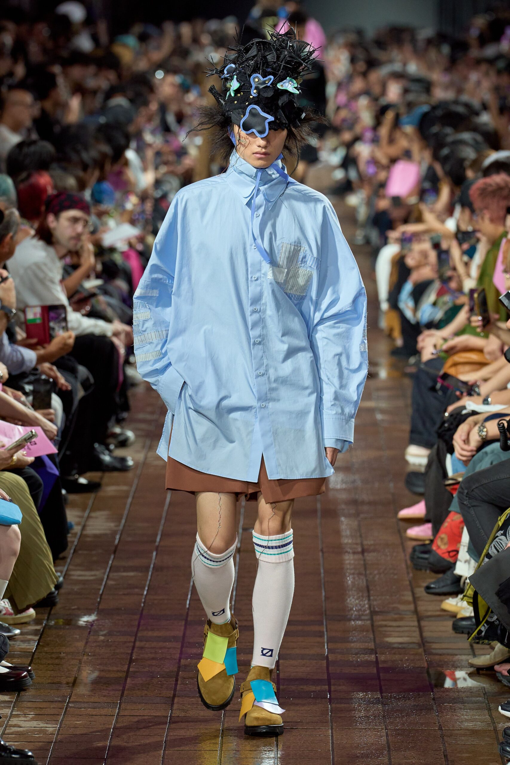 blue cotton long-sleeve collared oversized shirt