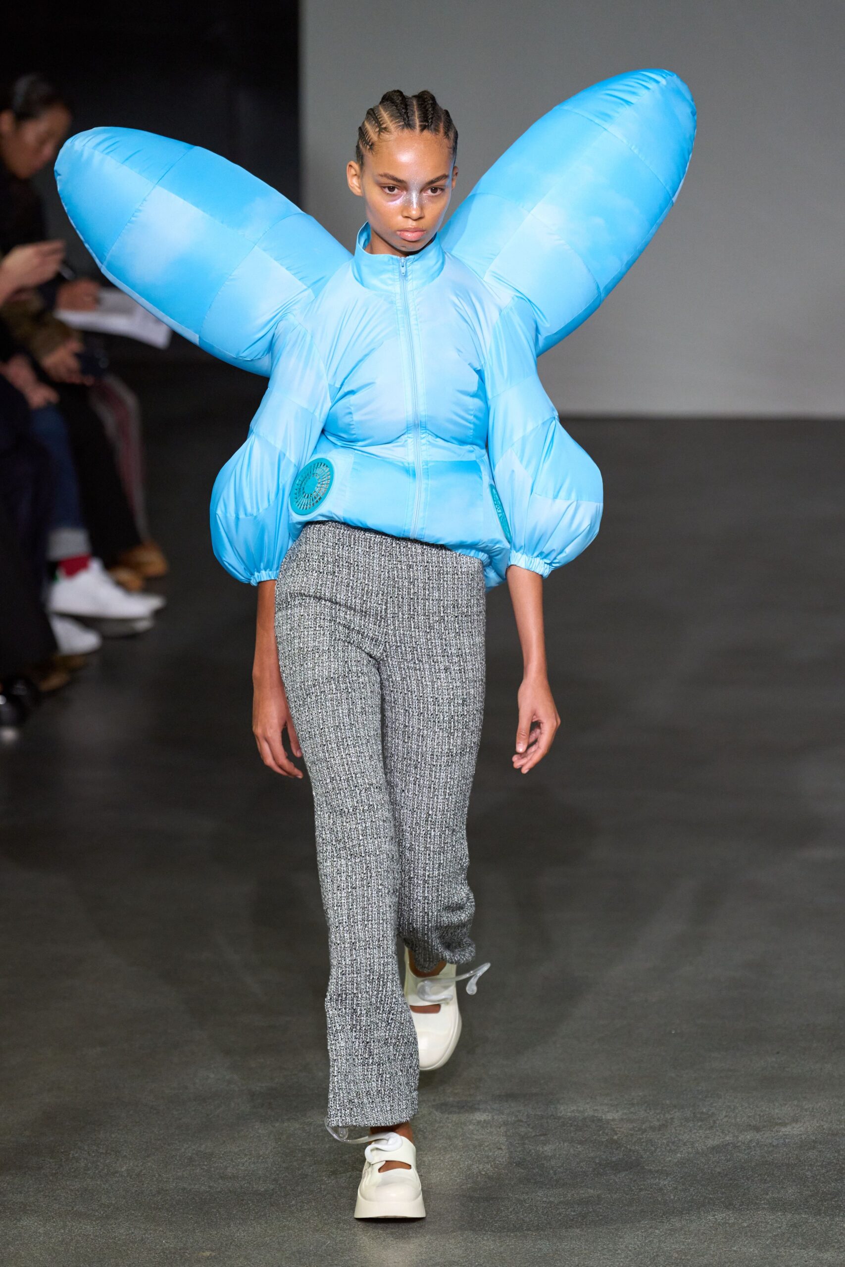 blue vinyl long-sleeve collared relaxed padded jacket