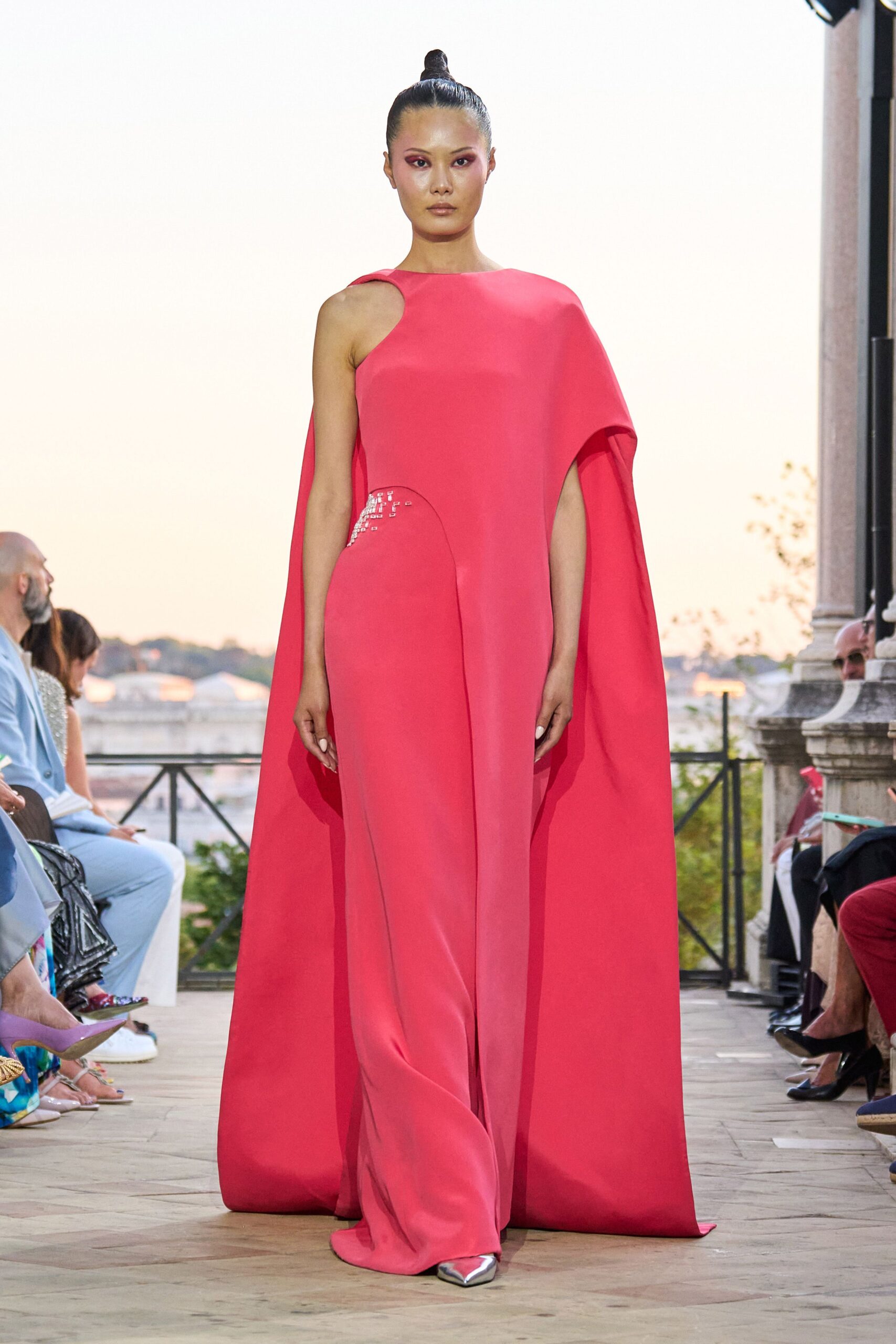 pink silk asymmetric gown