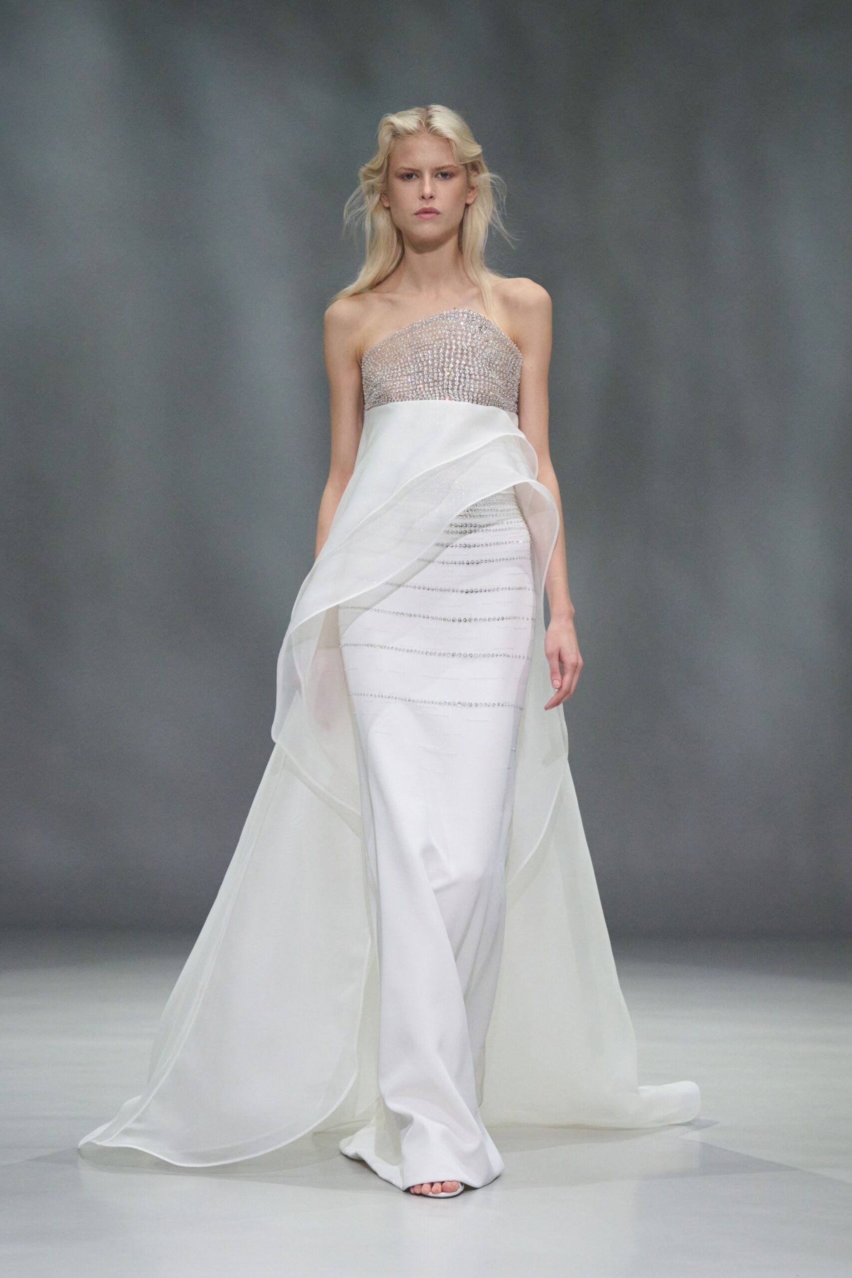 white silk sleeveless gown