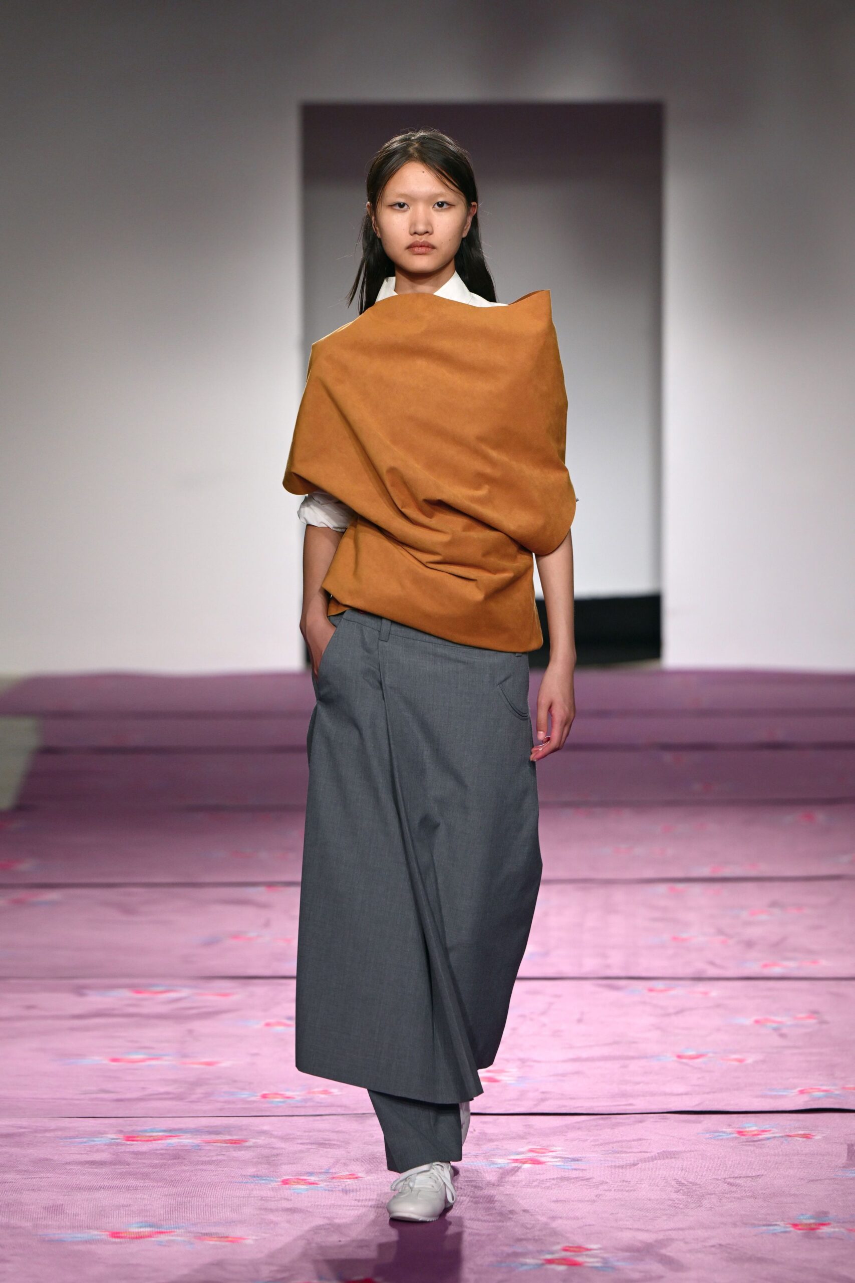 brown relaxed top gray tailored pants