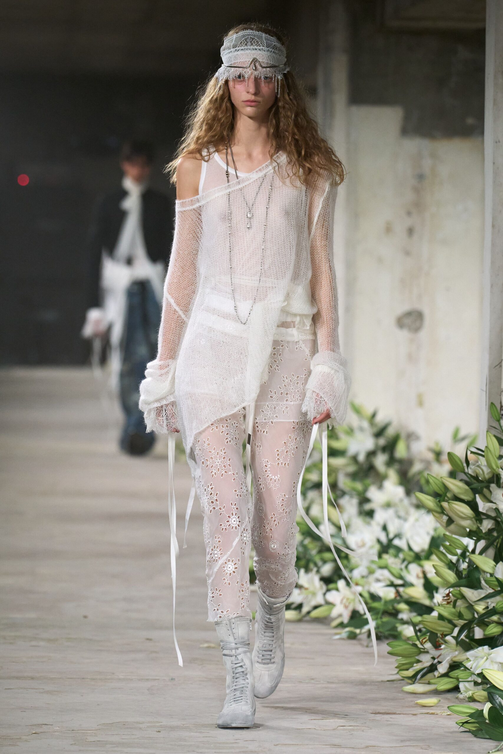 white lace fitted embroidered sheer pants