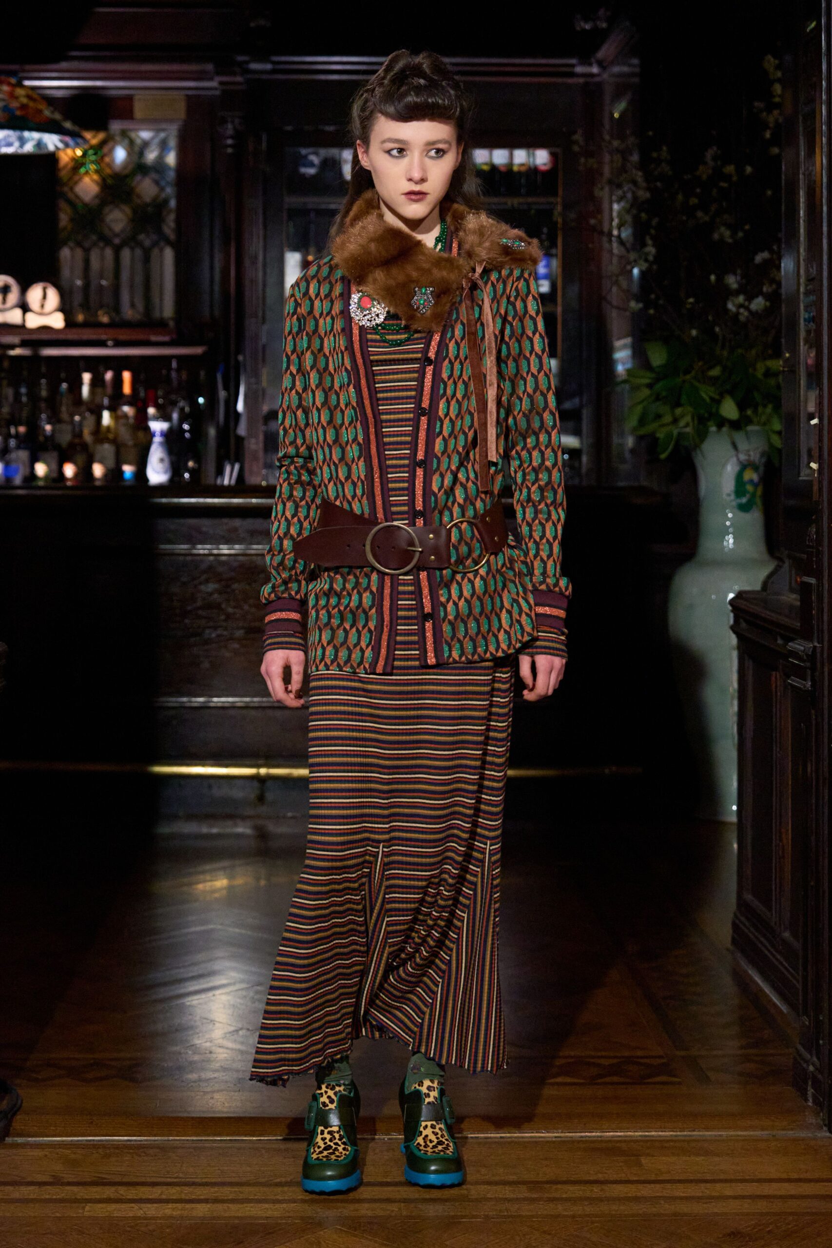 brown cotton long-sleeve v-neck fitted striped tiered dress