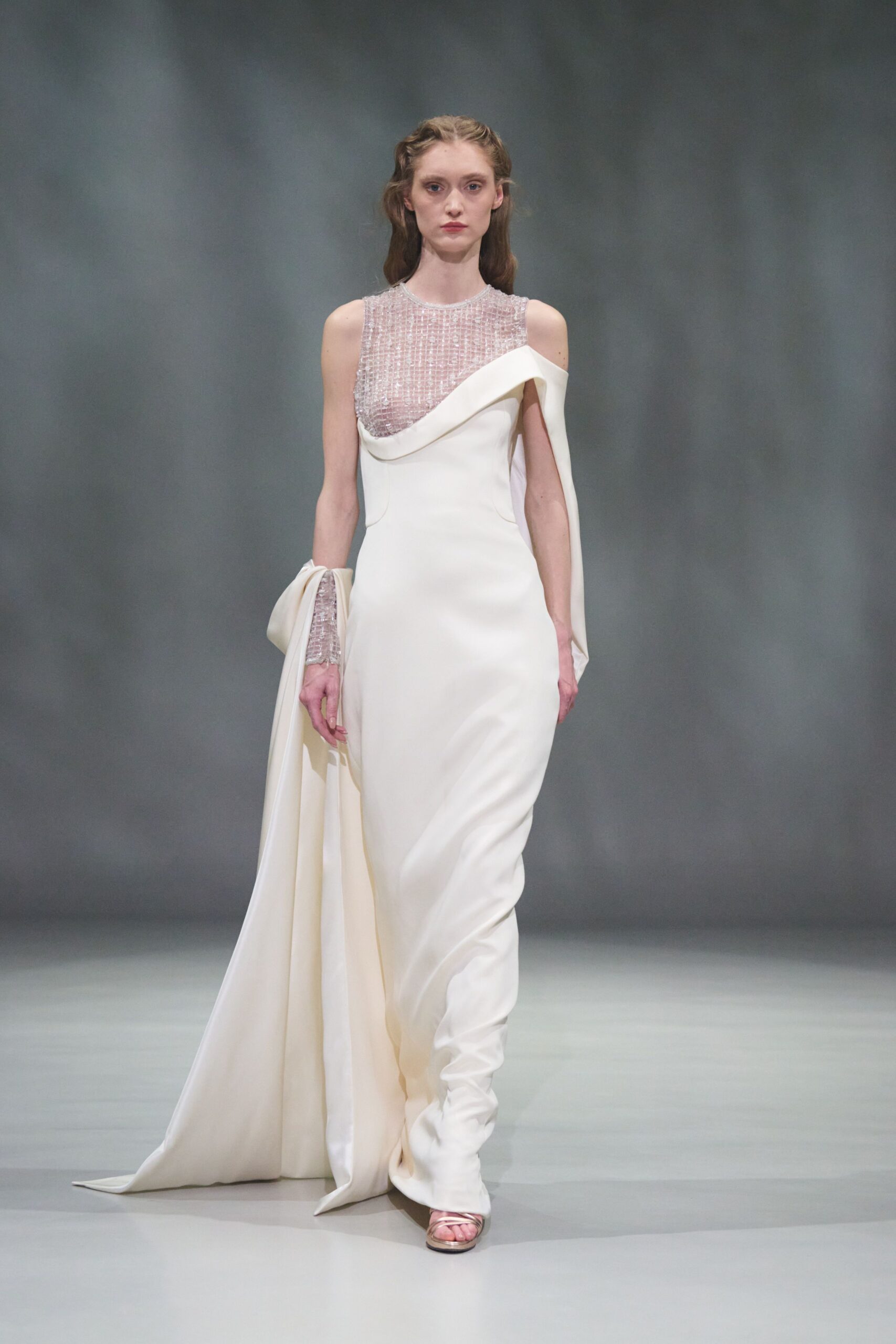 white silk off-shoulder gown