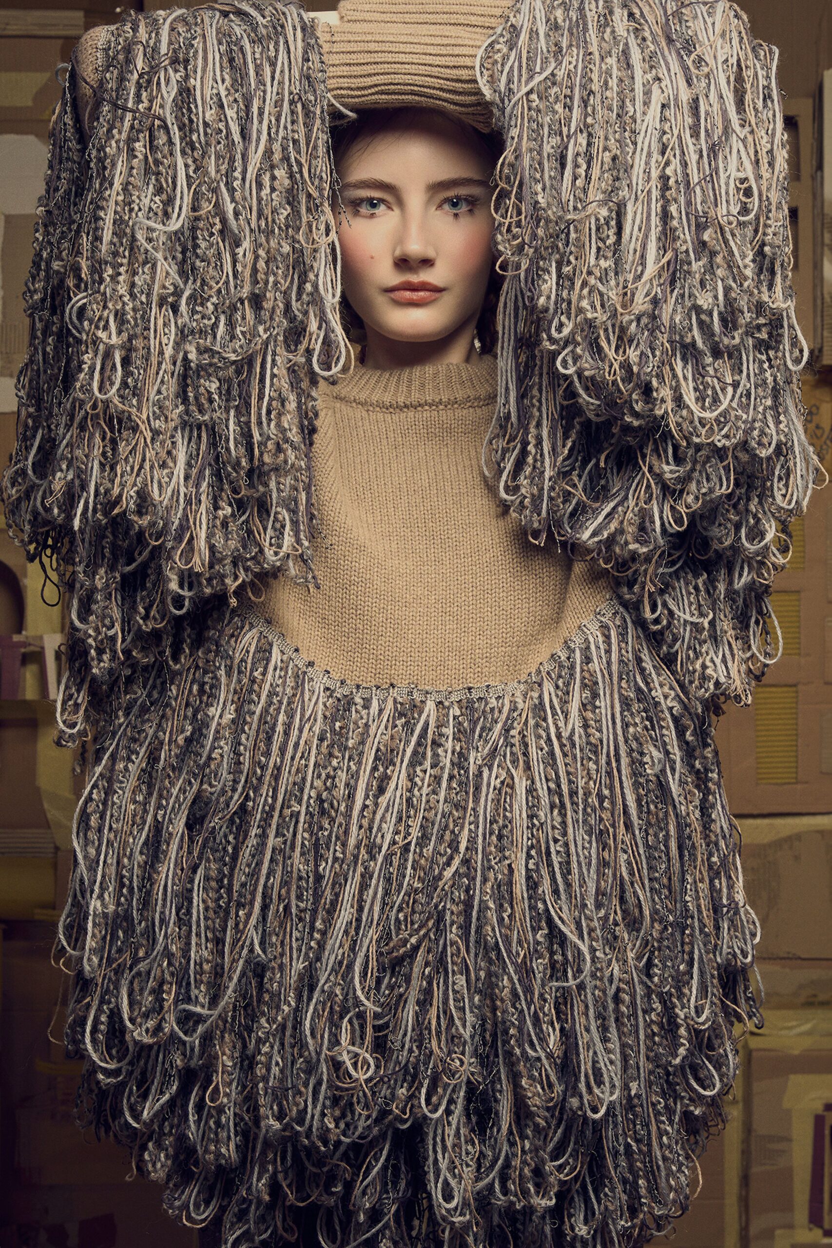 beige wool long-sleeve high-neck oversized layered top