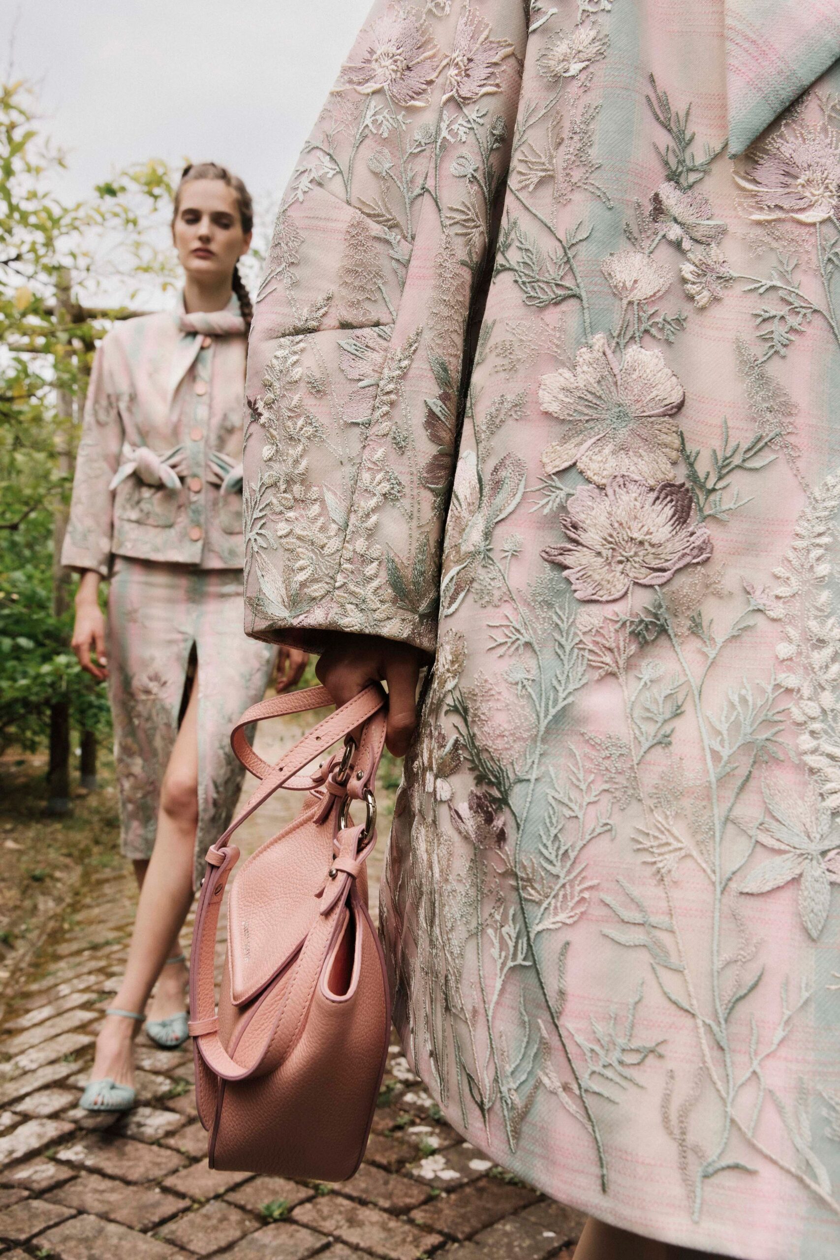 embroidered pink silk coat and skirt