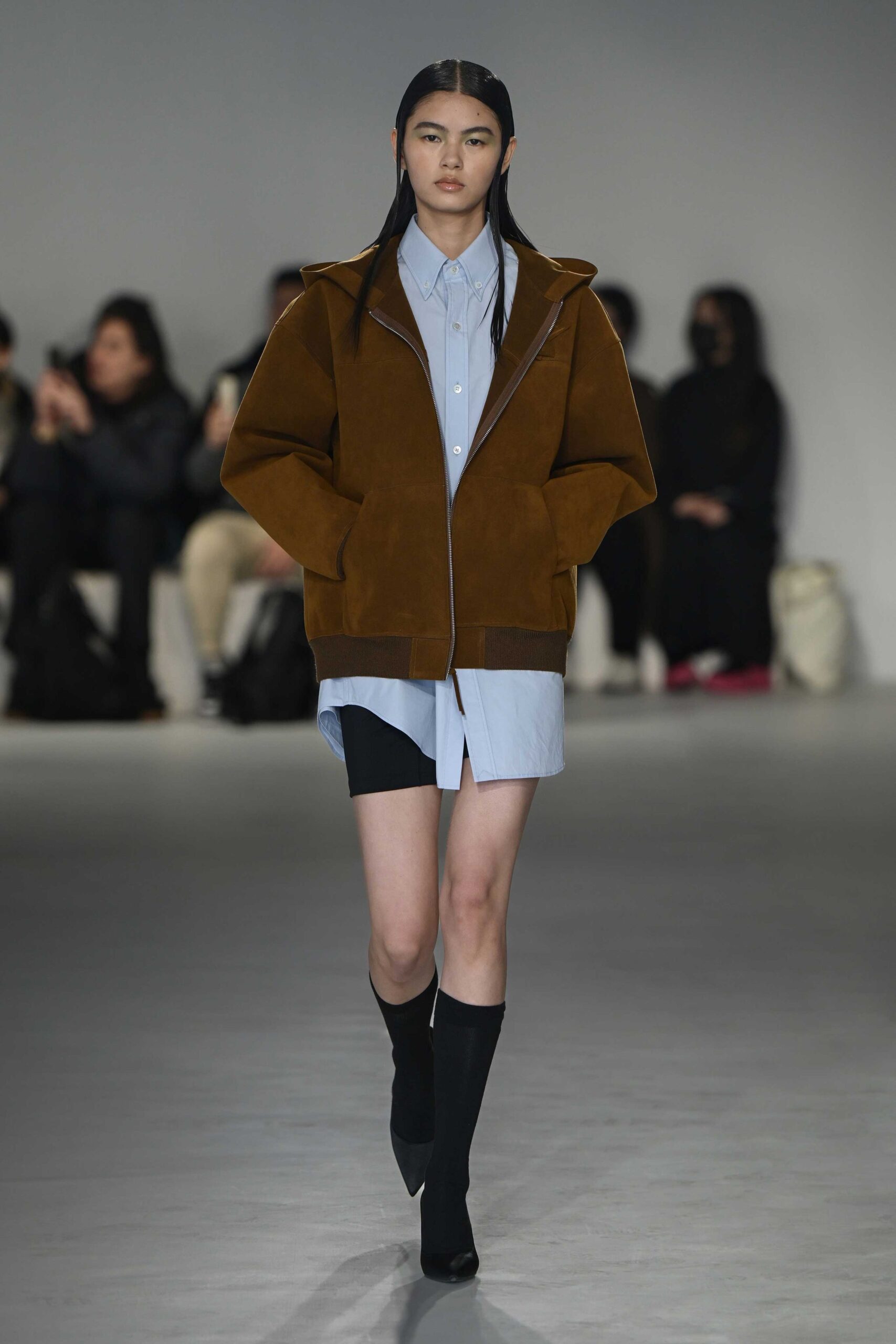 brown suede long-sleeve collared oversized jacket