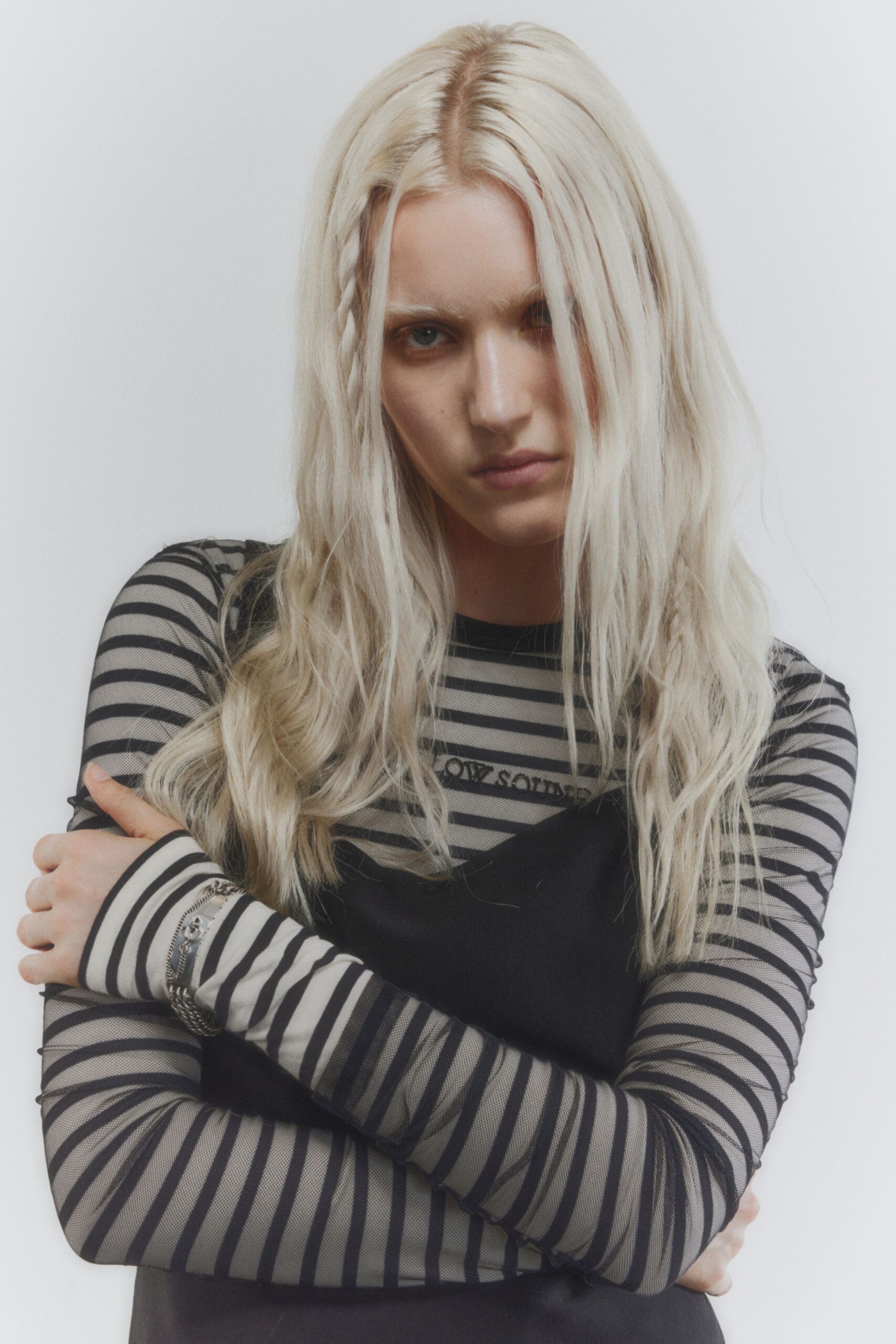 black mesh long-sleeve collared fitted striped sheer top