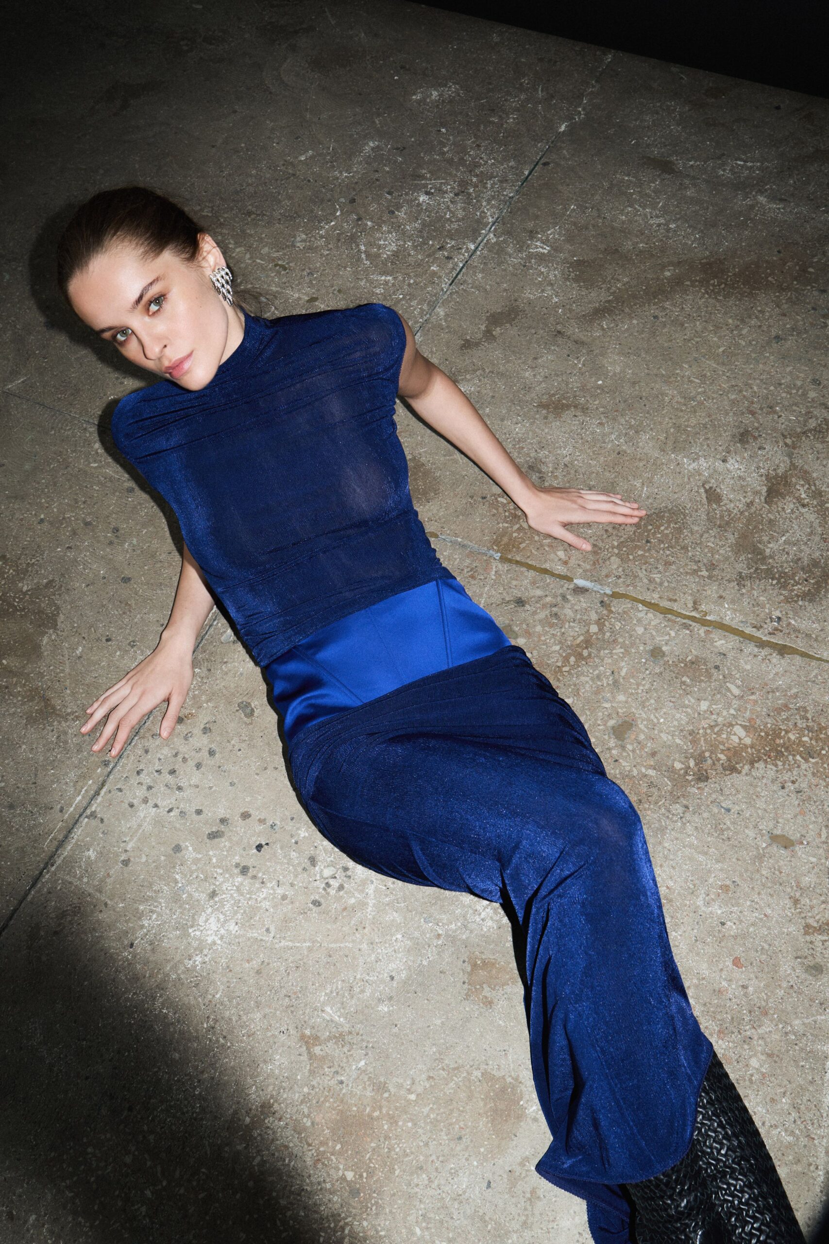 blue satin fitted wide-leg draped shiny maxi pants
