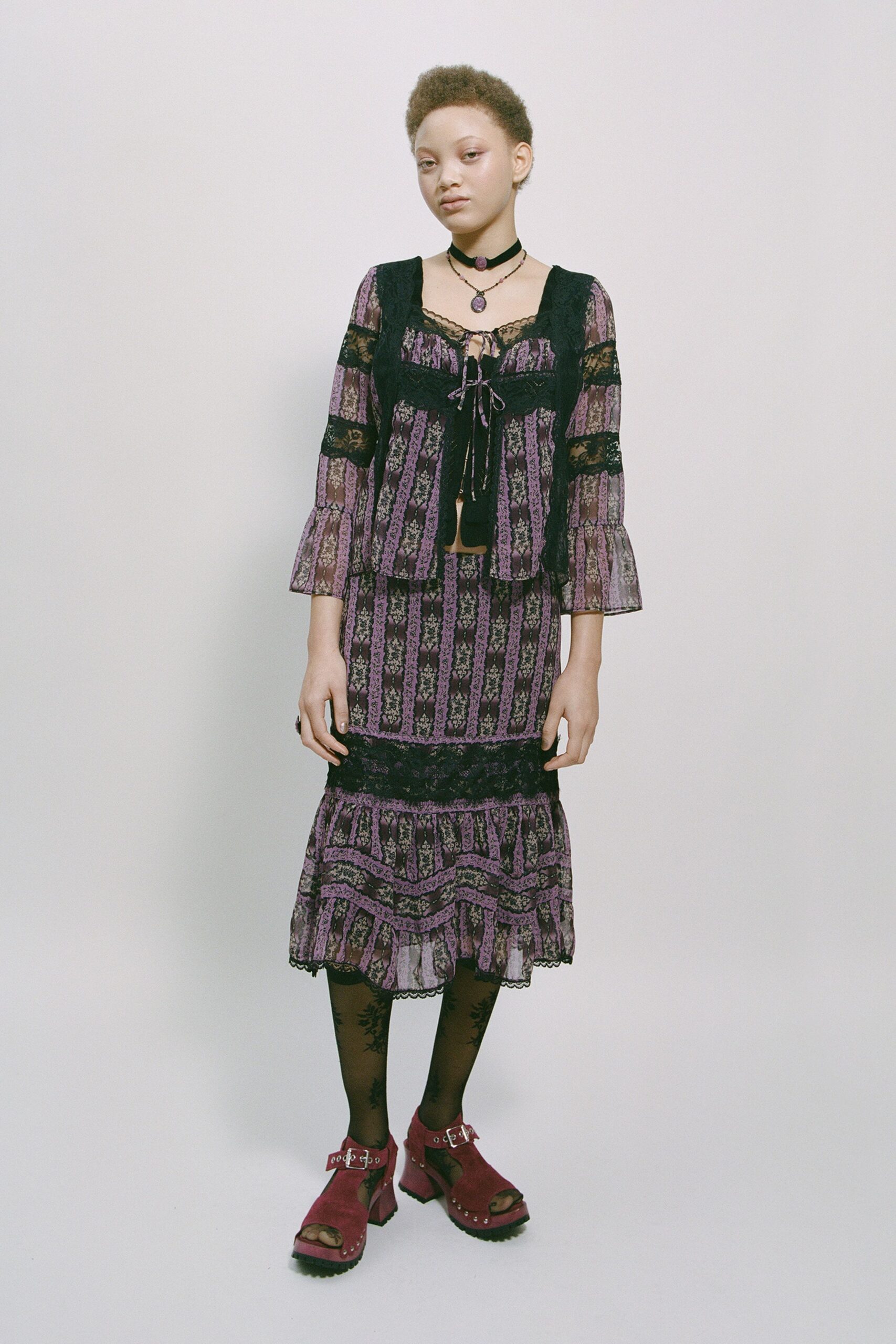 black lace long-sleeve square-neck relaxed printed layered blouse