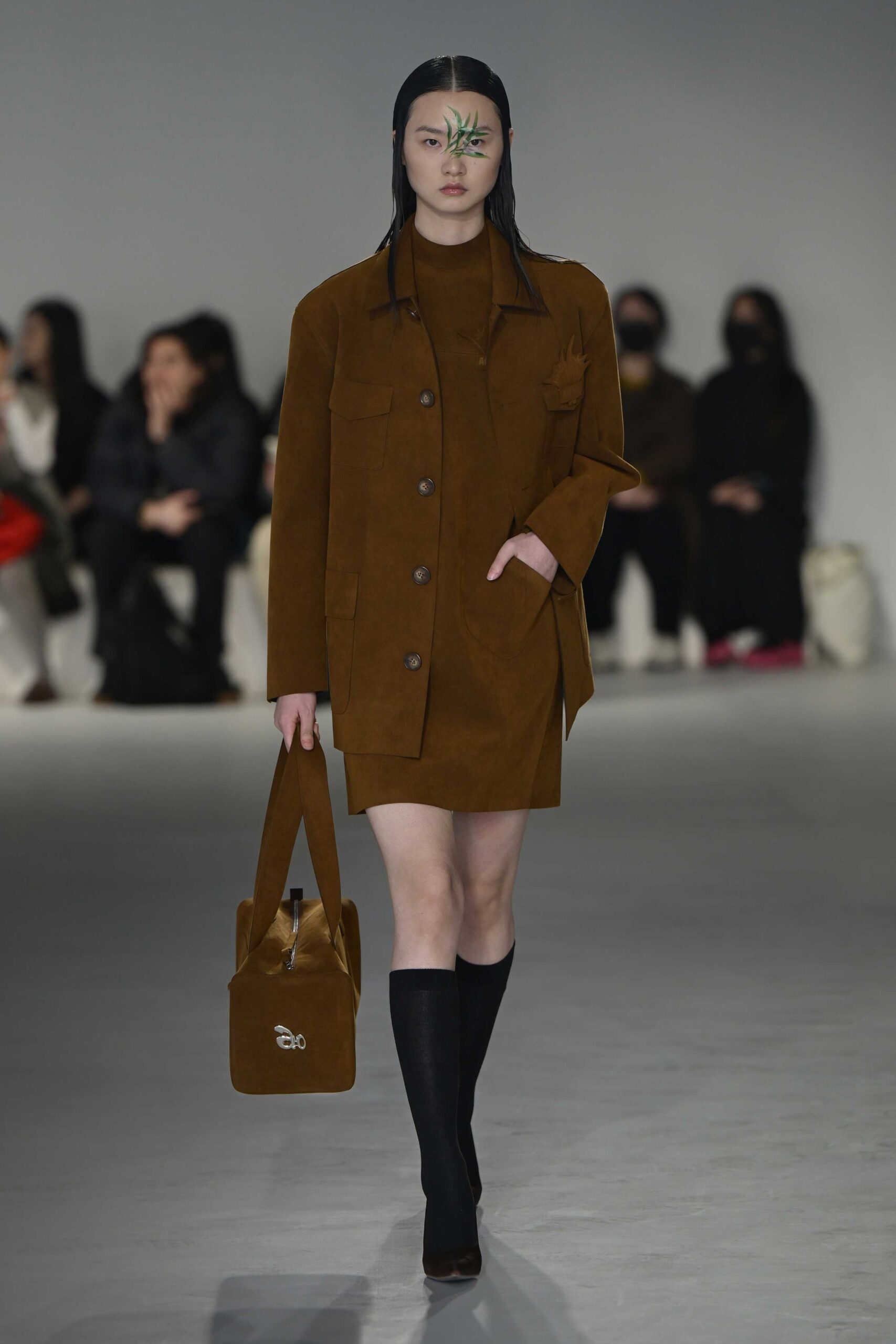brown suede long-sleeve collared fitted pockets mini dress