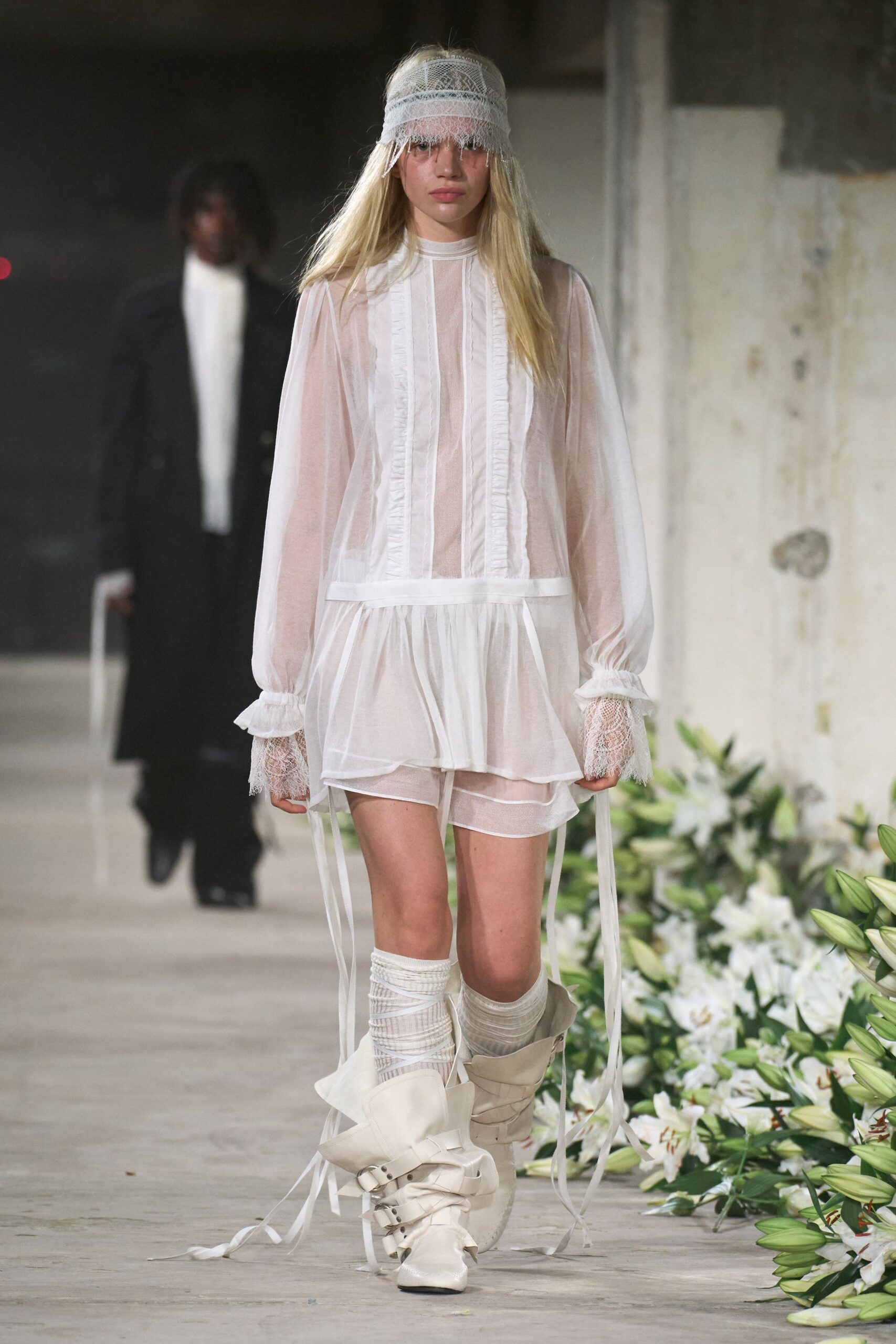 white silk long-sleeve collared relaxed pleated layered dress