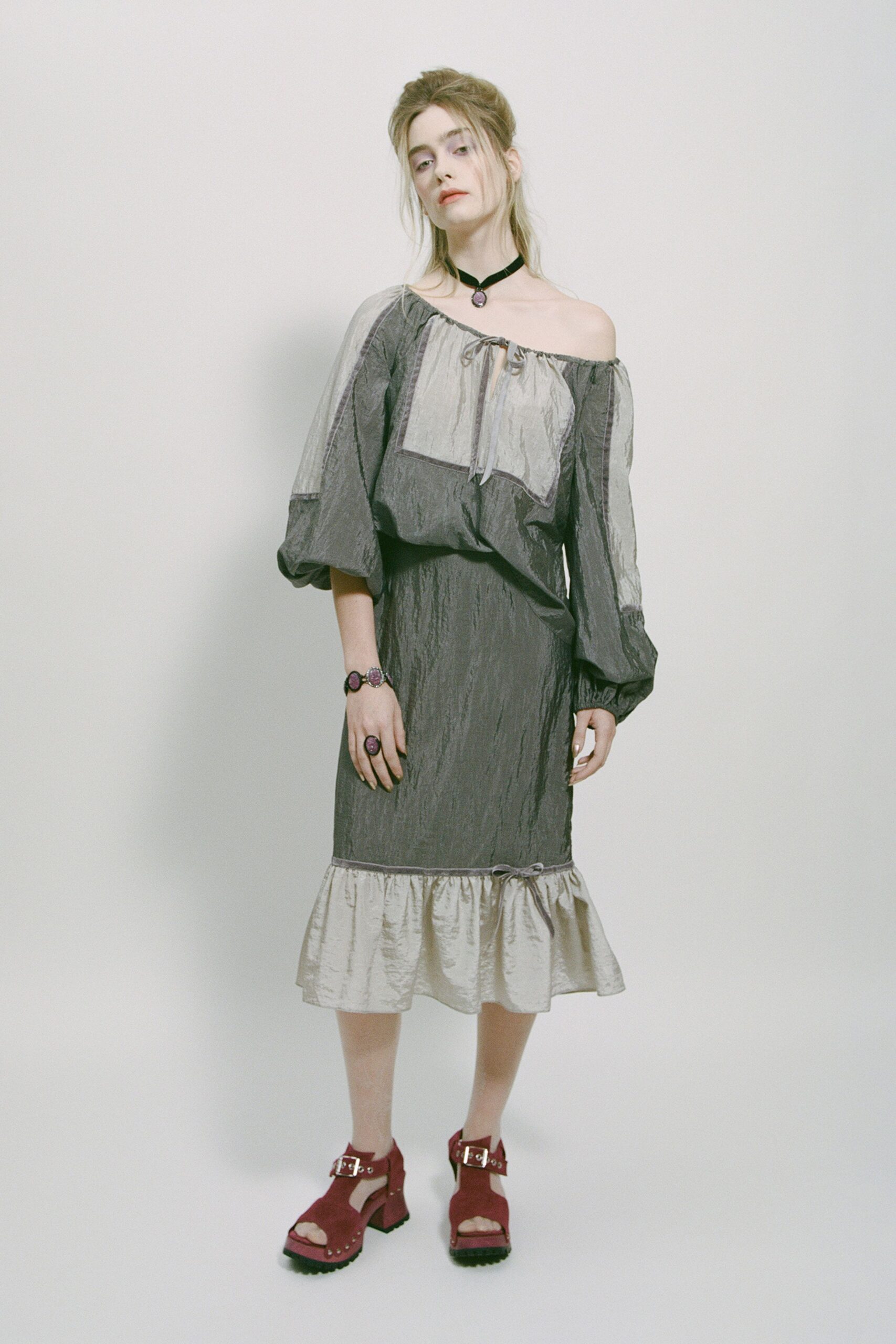 gray silk long-sleeve off-shoulder relaxed layered ruffled dress
