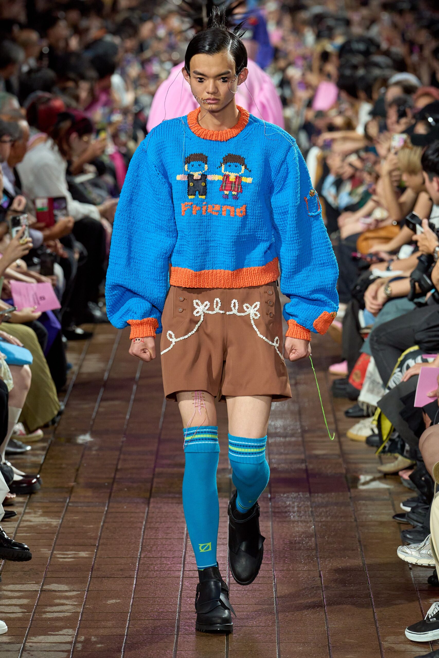 blue cotton long-sleeve collared oversized embroidered sweater