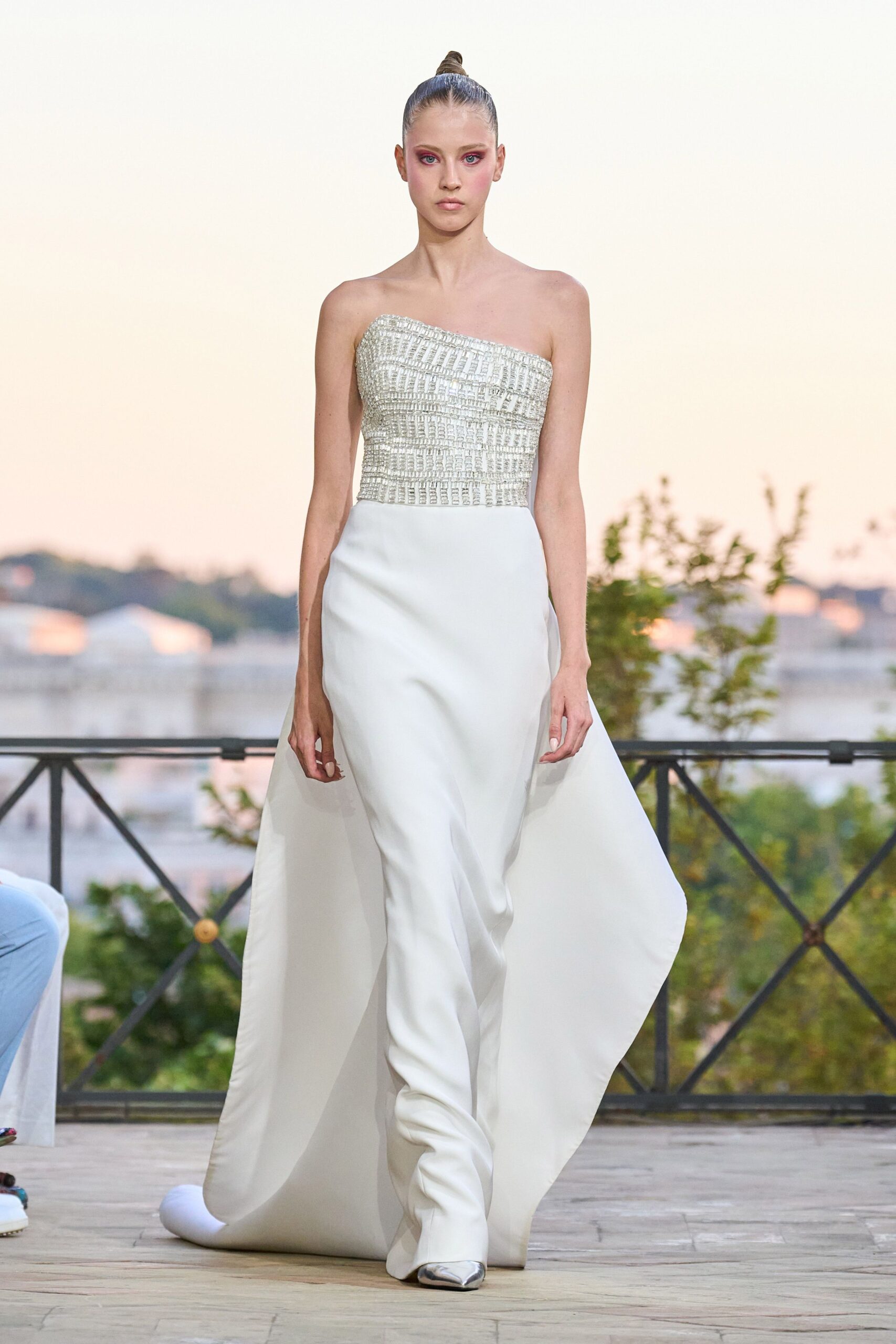 white strapless embellished gown