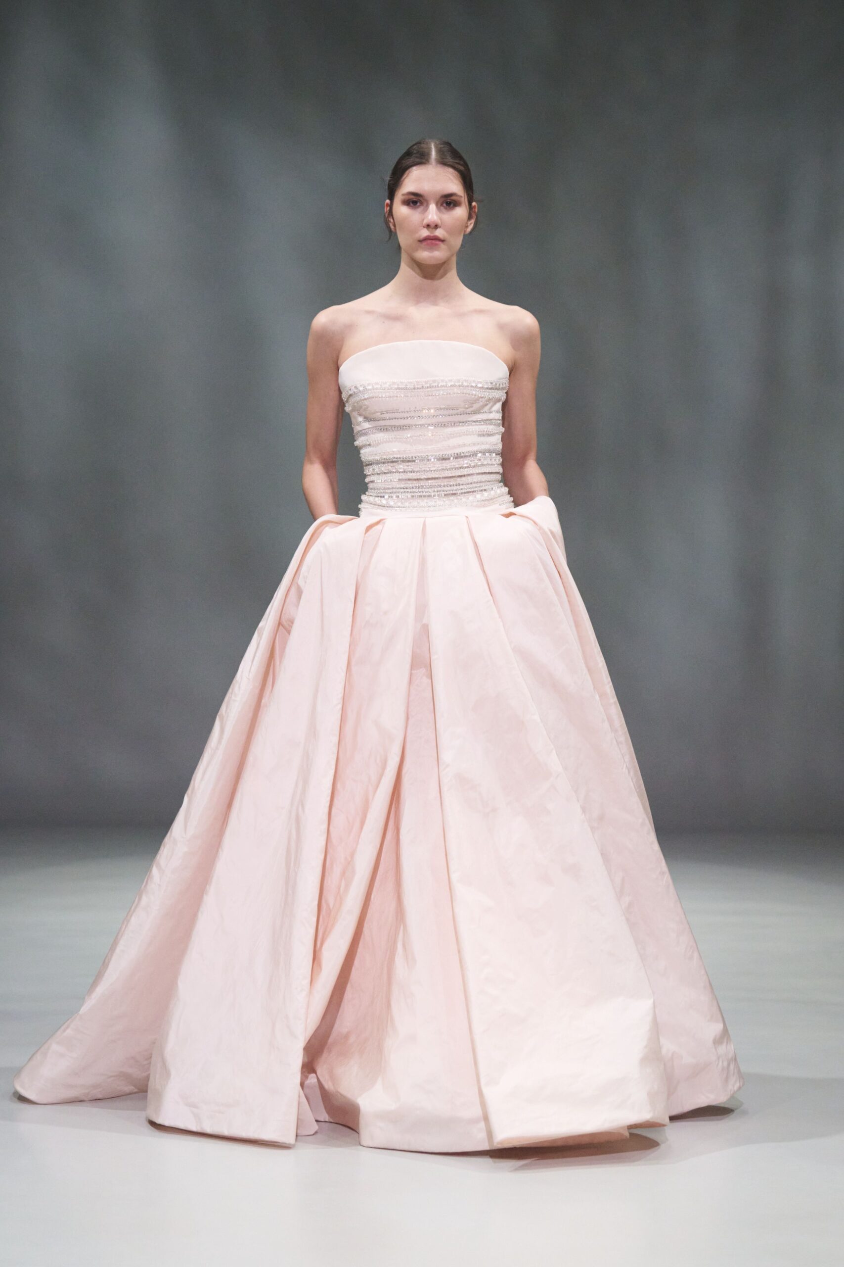 pink silk strapless gown