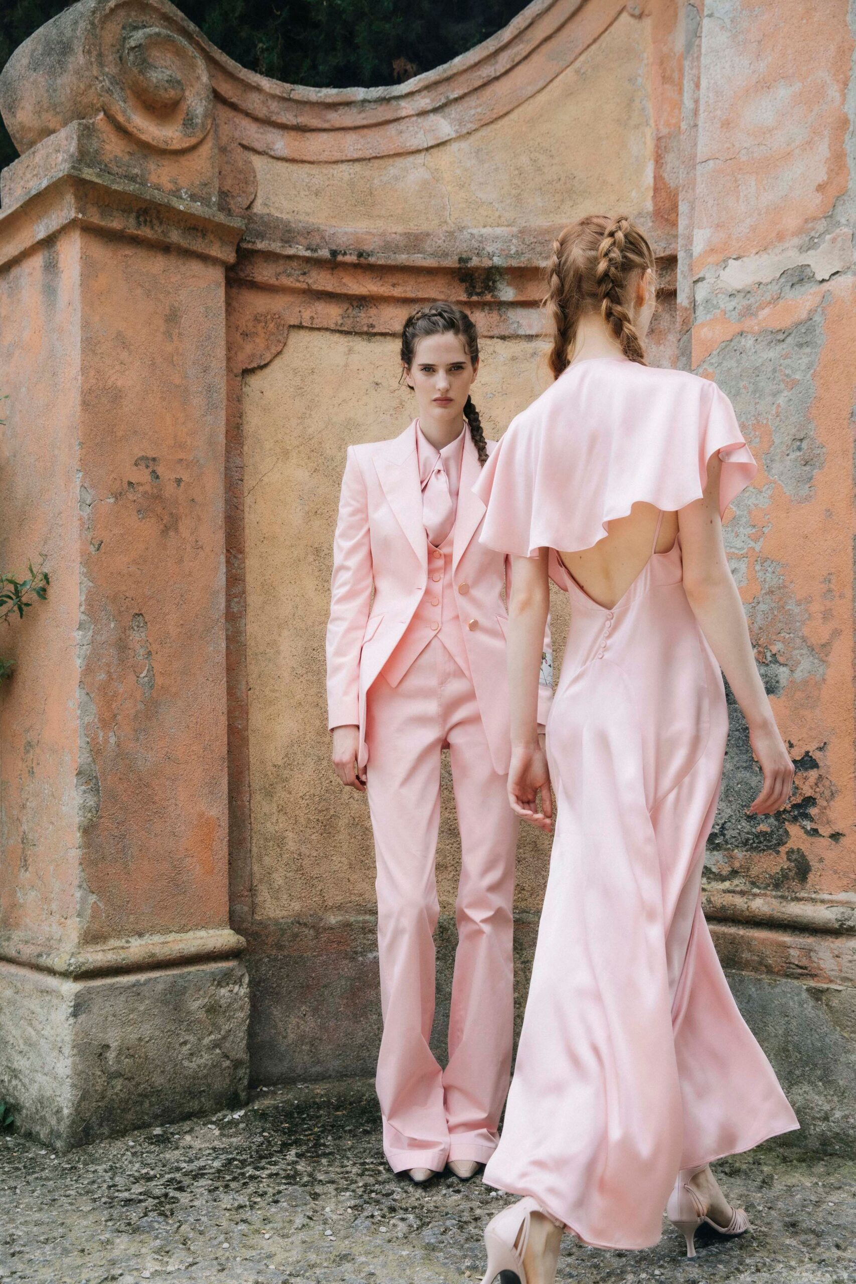 pink silk long-sleeve collared tailored buttoned suit