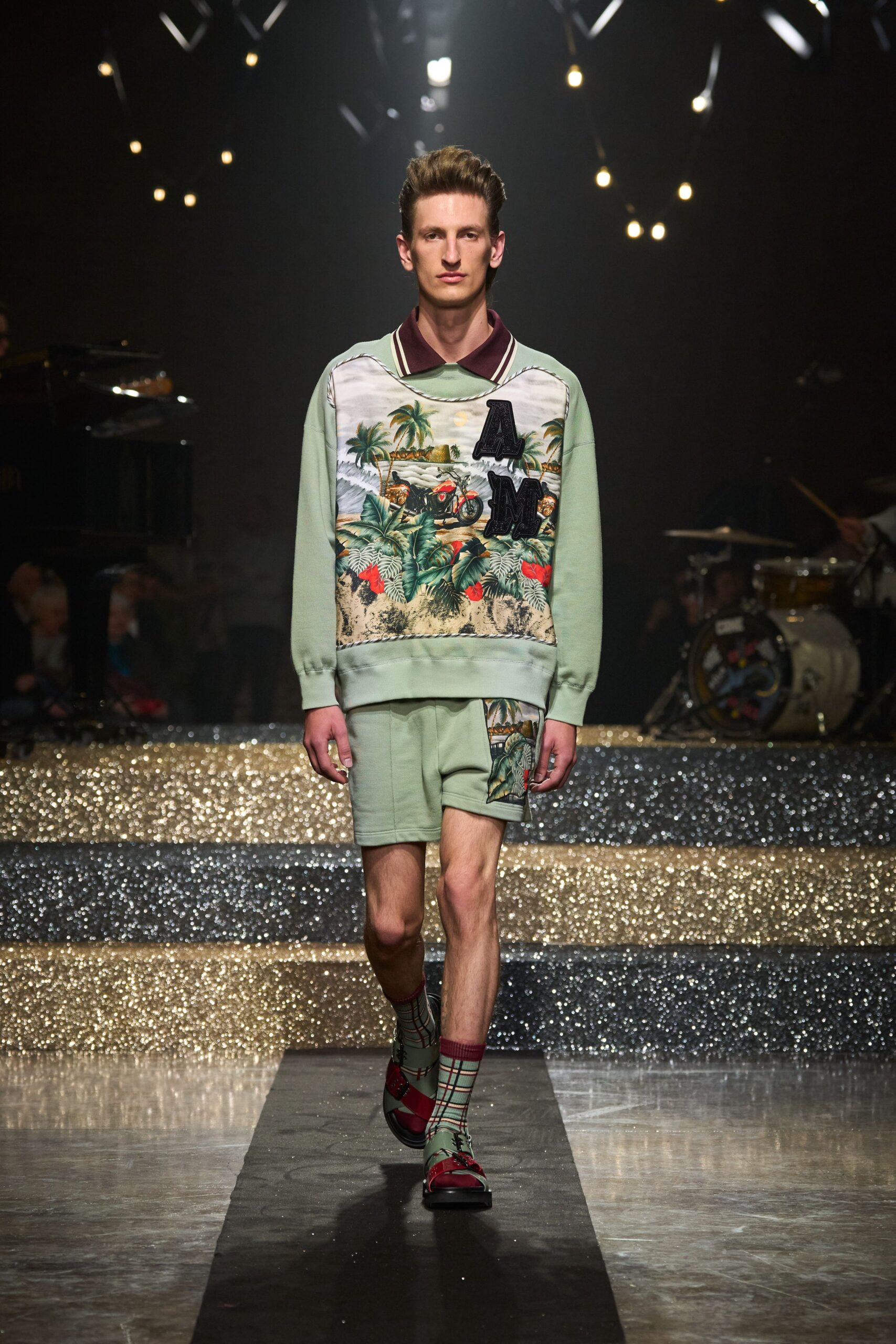 green printed sweater and shorts